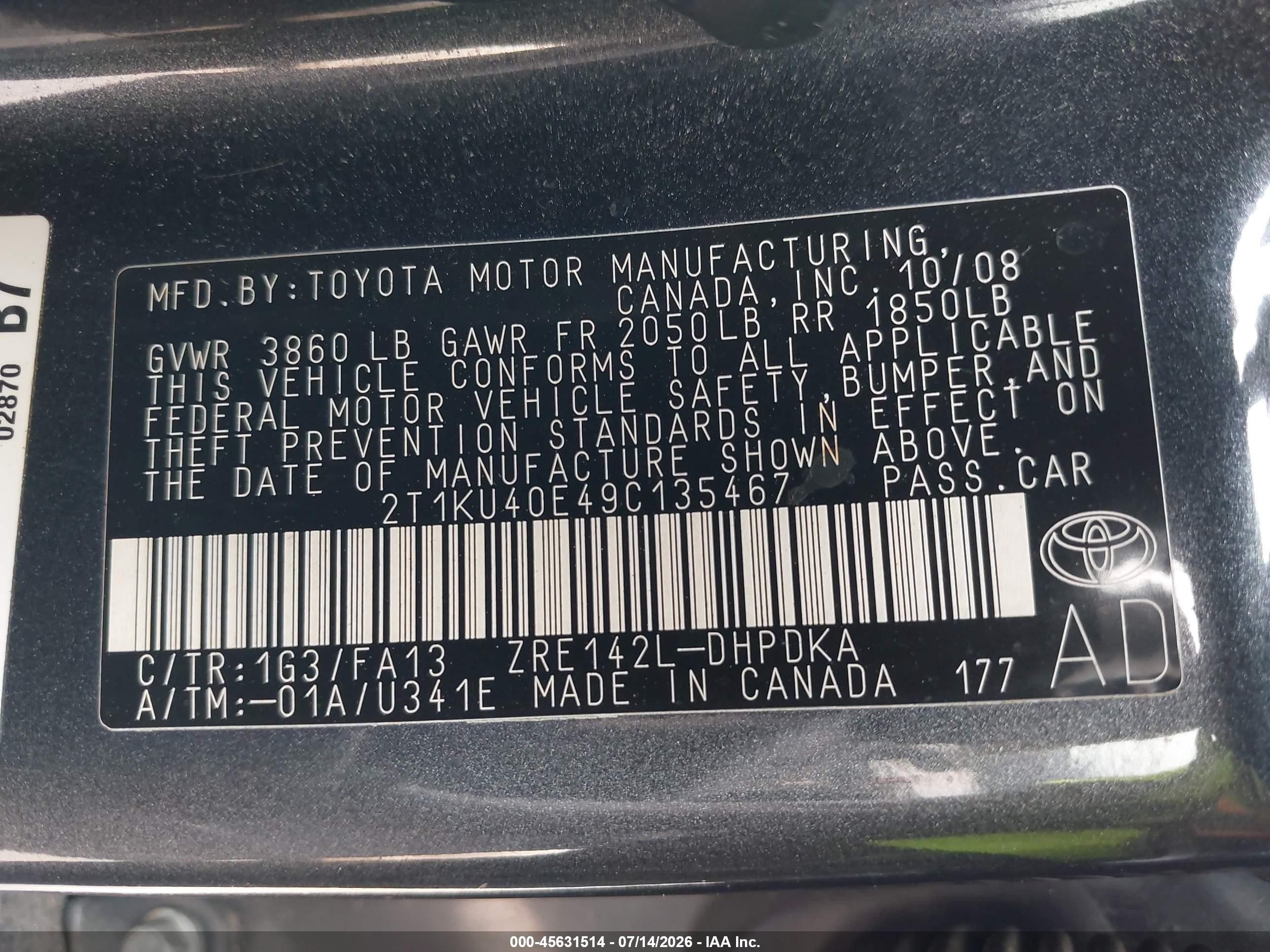 2009 Toyota Matrix   Gray vin: 2T1KU40E49C135467