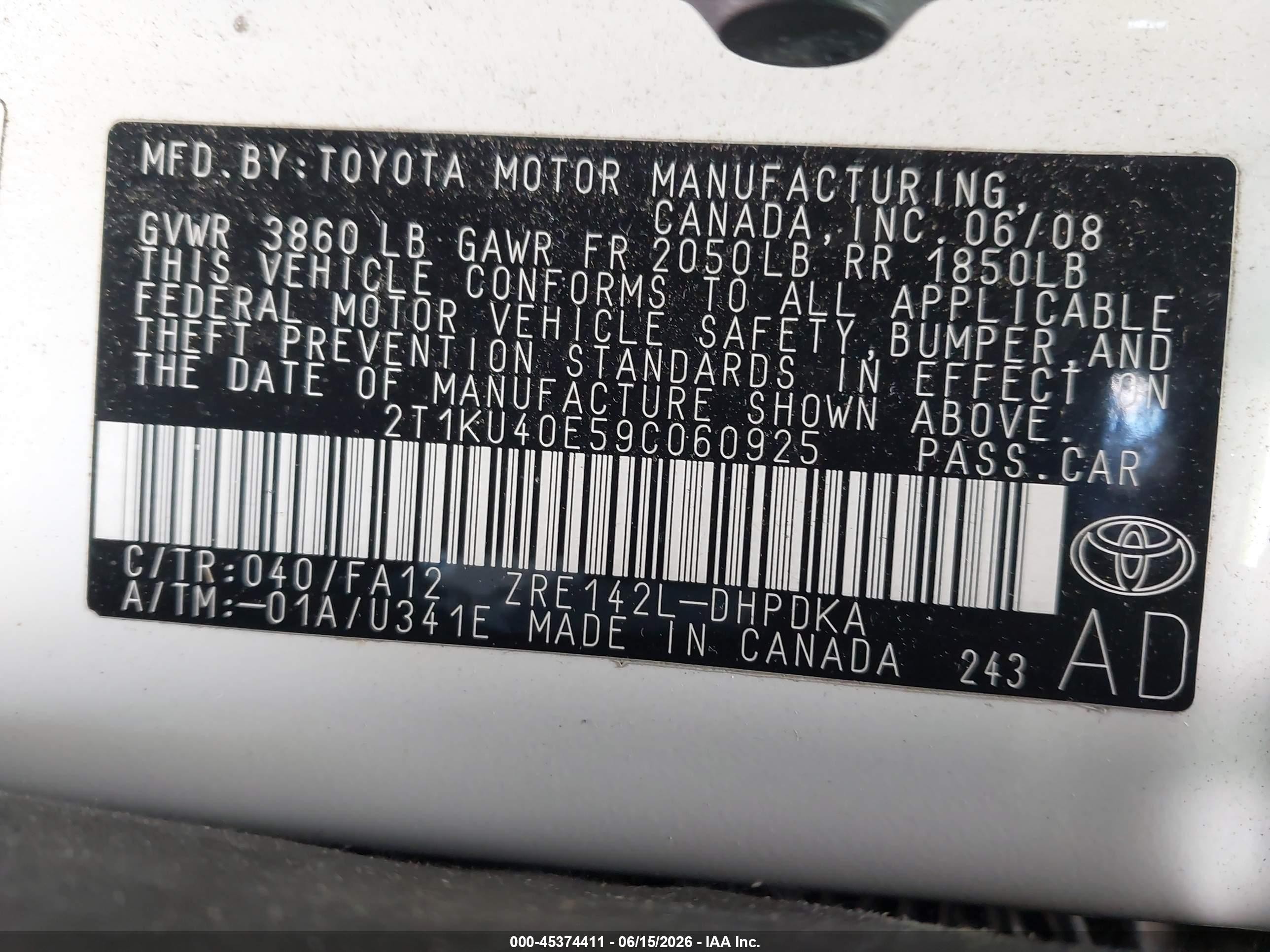 2009 Toyota Matrix   White vin: 2T1KU40E59C060925