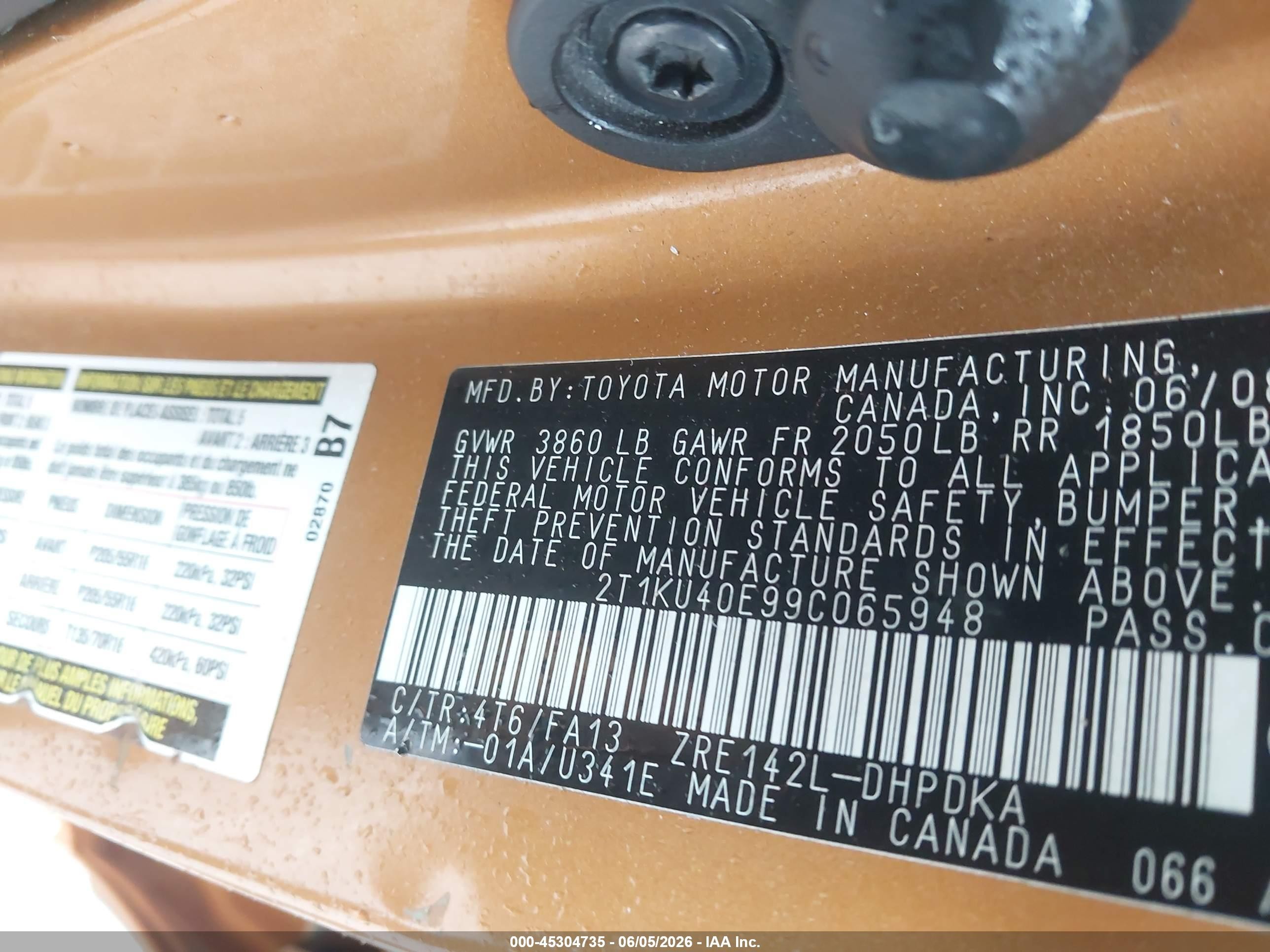 2009 Toyota Matrix   Gold vin: 2T1KU40E99C065948
