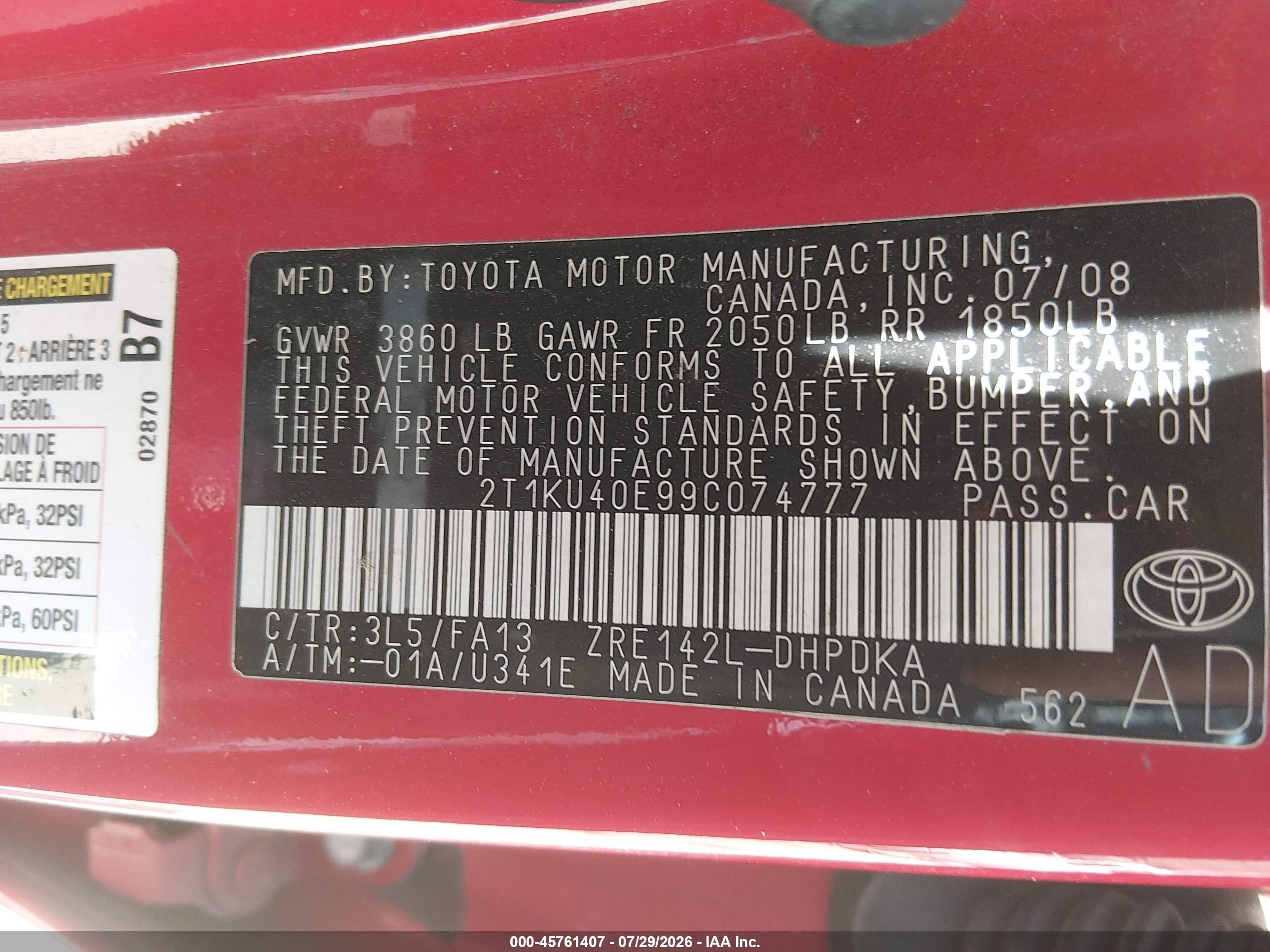 2009 Toyota Matrix   Red vin: 2T1KU40E99C074777