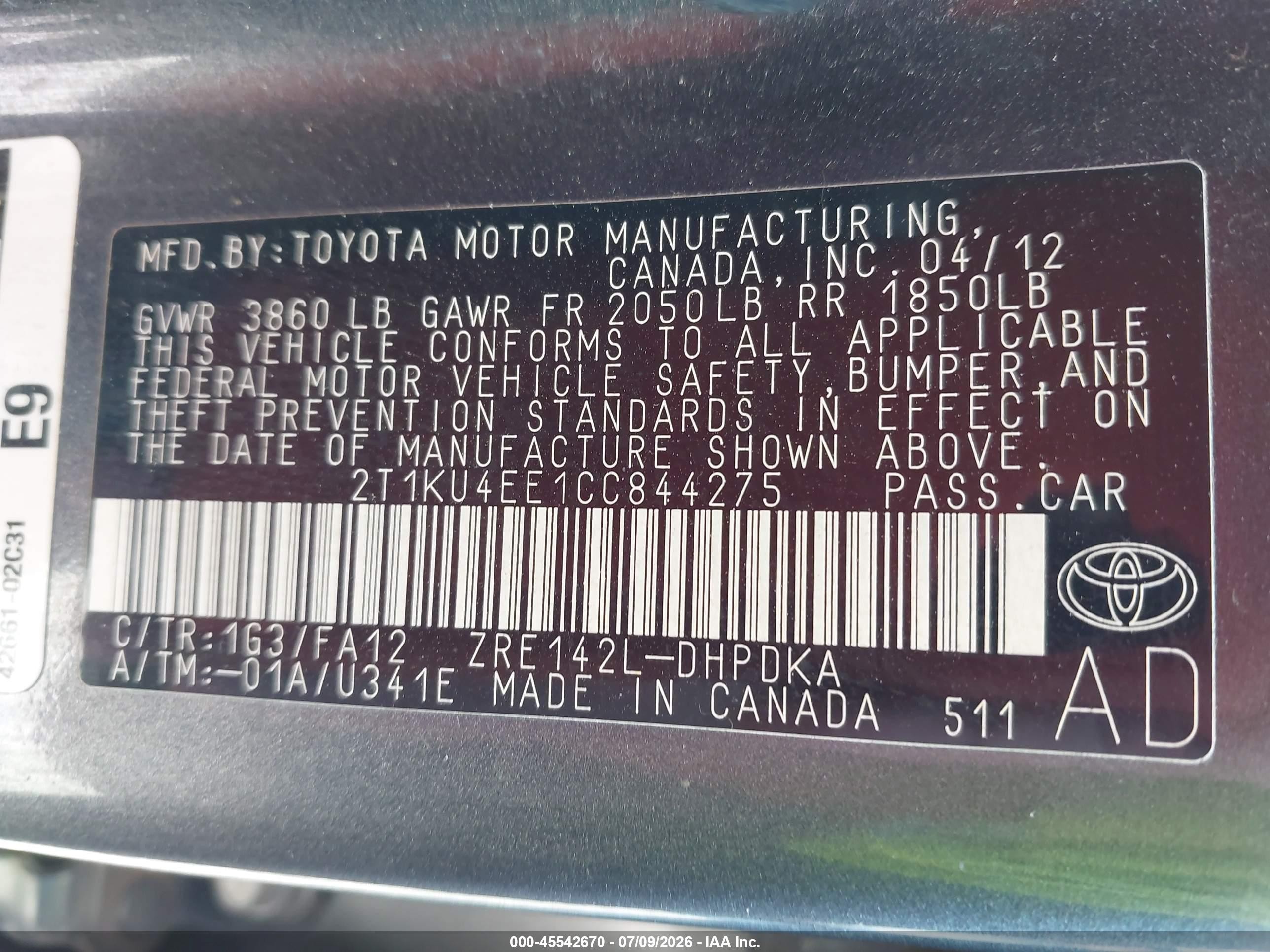 2012 Toyota Matrix L Gray vin: 2T1KU4EE1CC844275