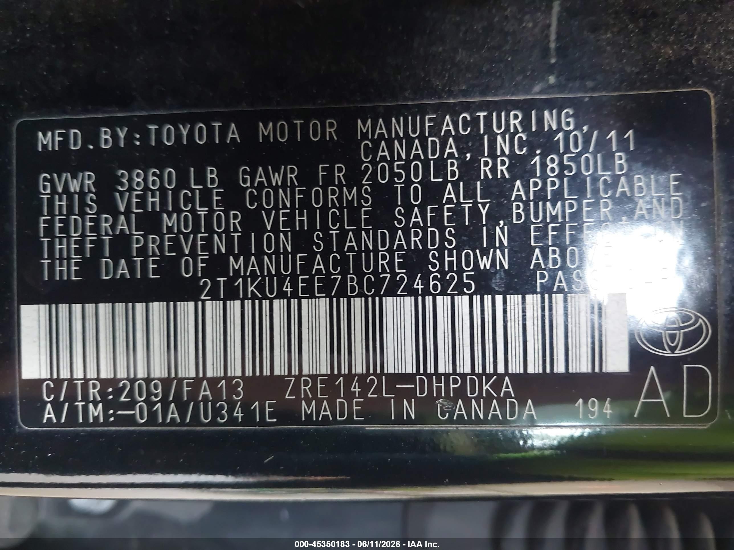 2011 Toyota Matrix   Черный vin: 2T1KU4EE7BC724625
