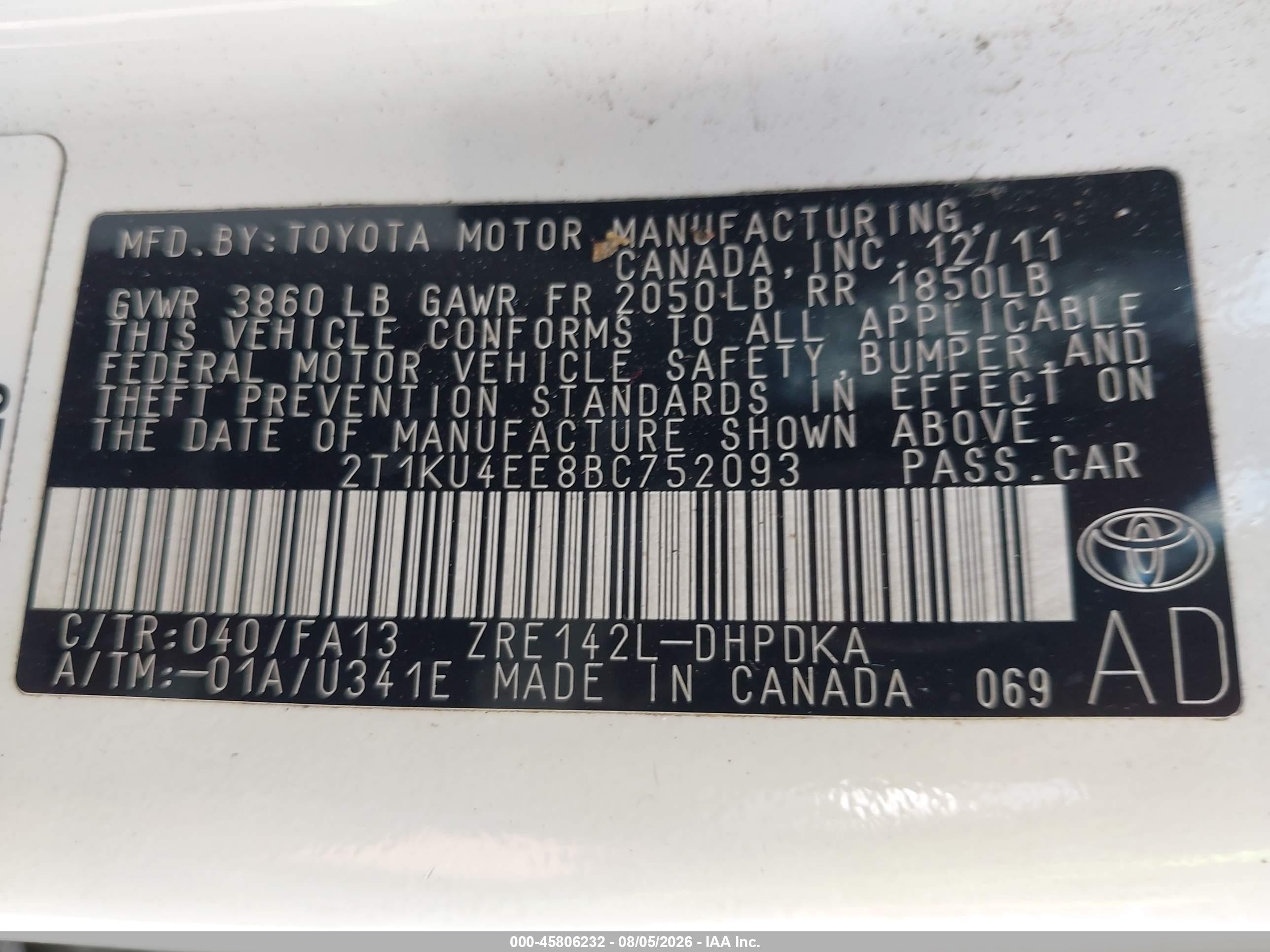 2011 Toyota Matrix Белый vin: 2T1KU4EE8BC752093