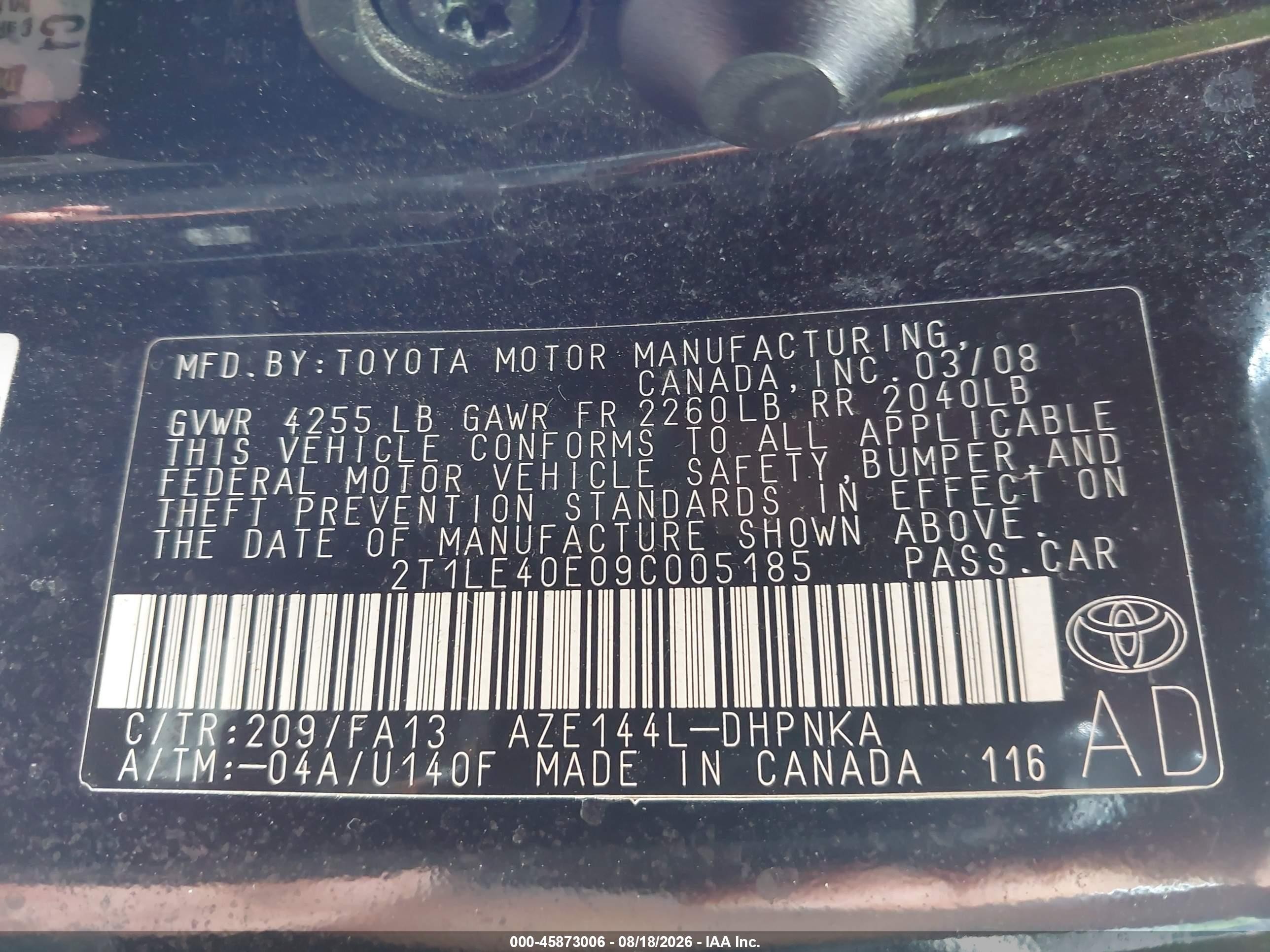 2009 Toyota Matrix S Black vin: 2T1LE40E09C005185