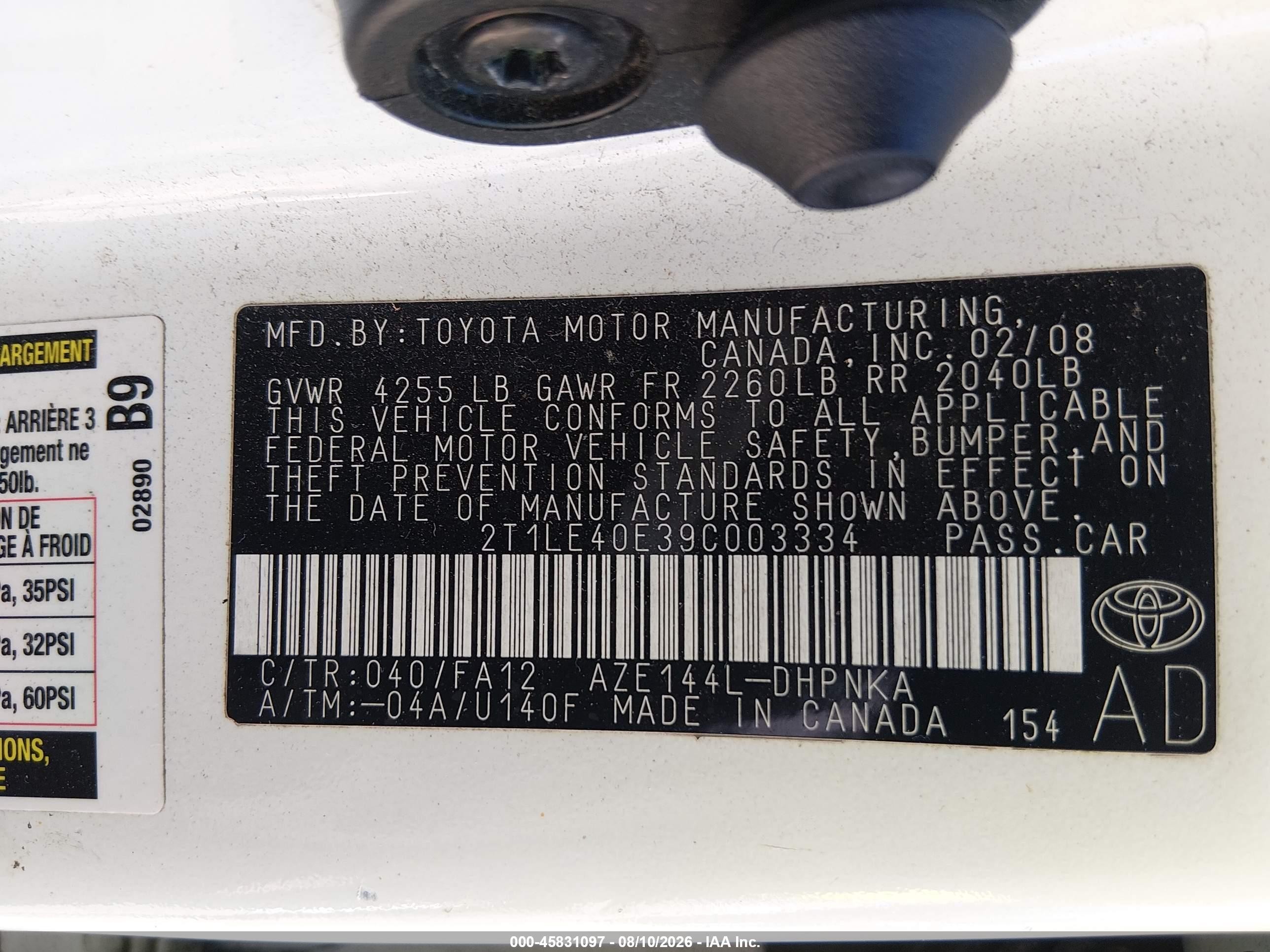 2009 Toyota Matrix S White vin: 2T1LE40E39C003334