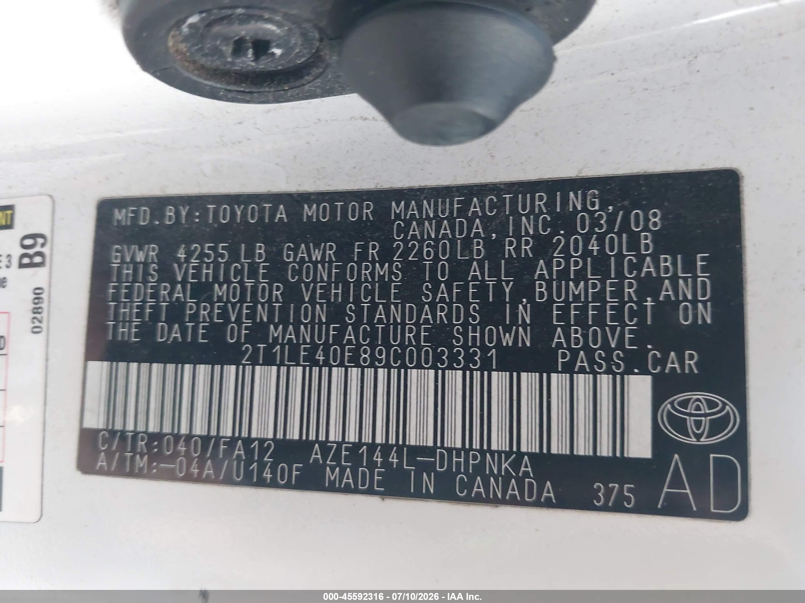 2009 Toyota Matrix S Белый vin: 2T1LE40E89C003331