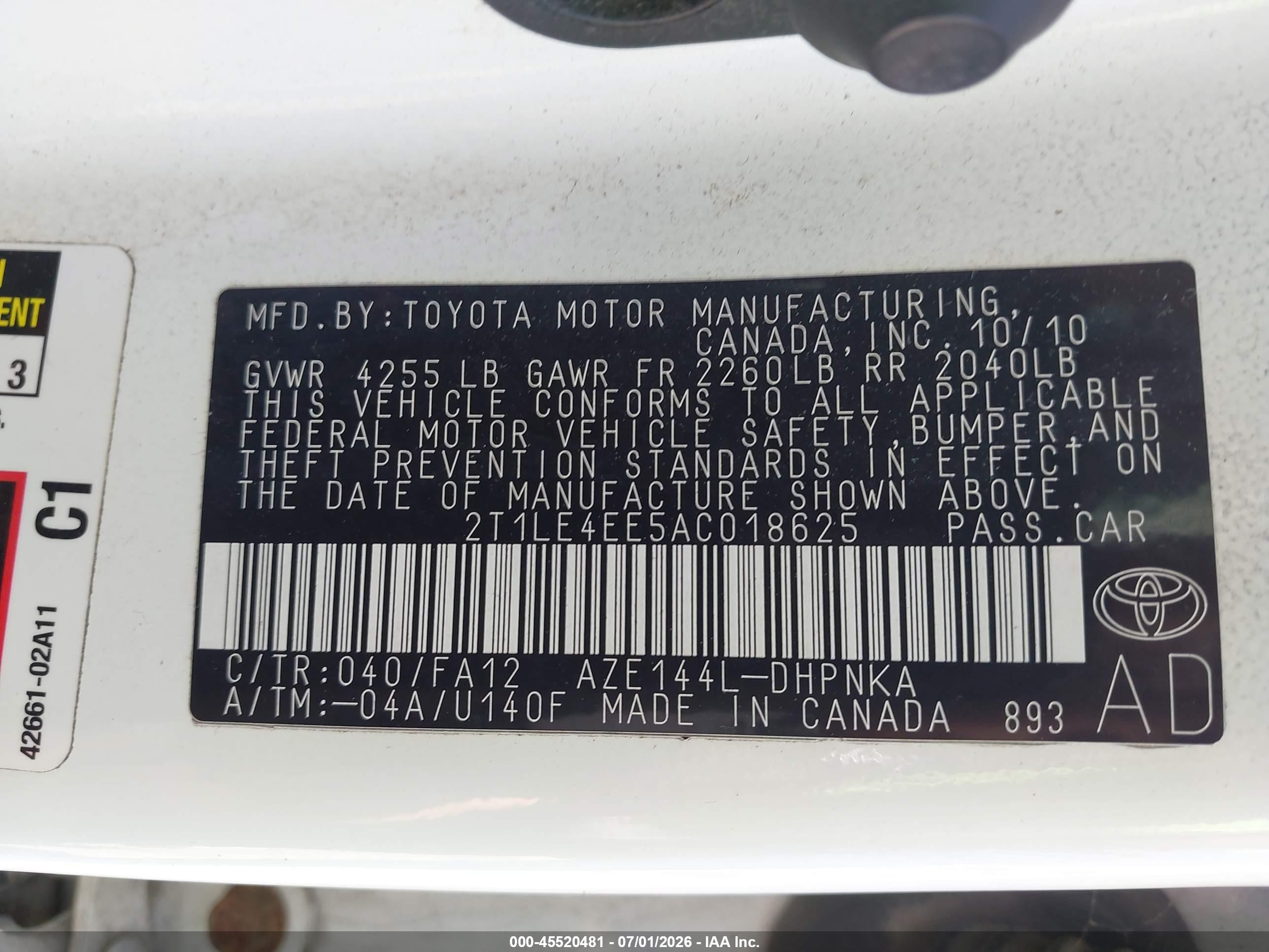 2010 Toyota Matrix S White vin: 2T1LE4EE5AC018625