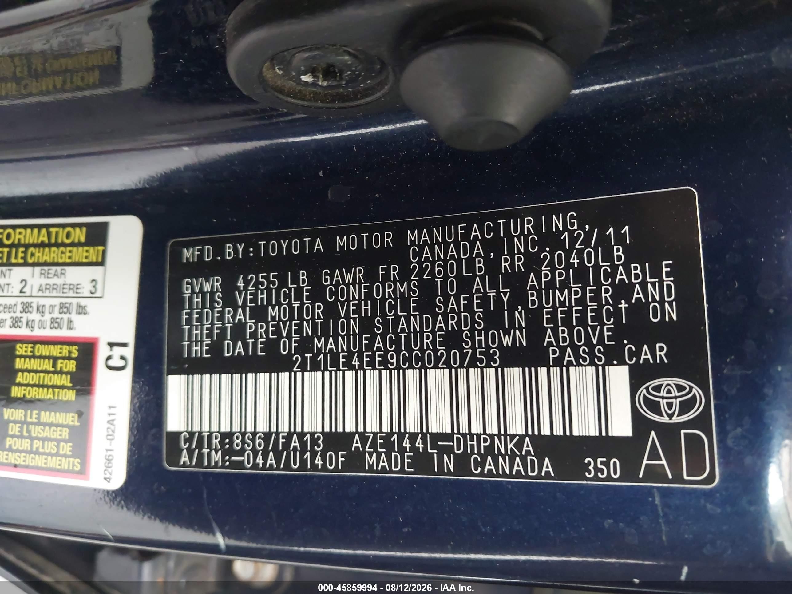 2012 Toyota Corolla Matrix S Blue vin: 2T1LE4EE9CC020753