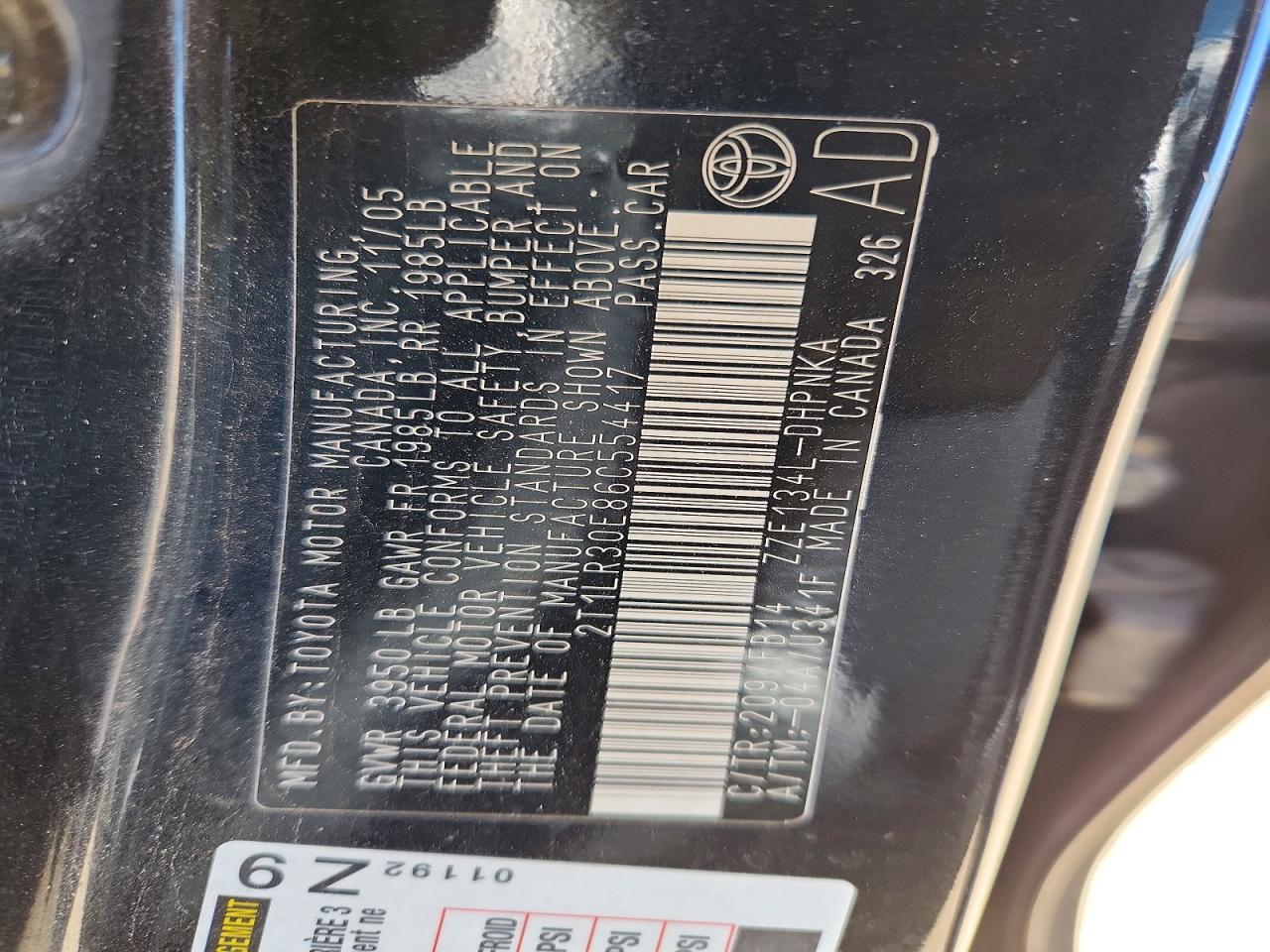 2006 Toyt Matrix Black vin: 2T1LR30E86C554417