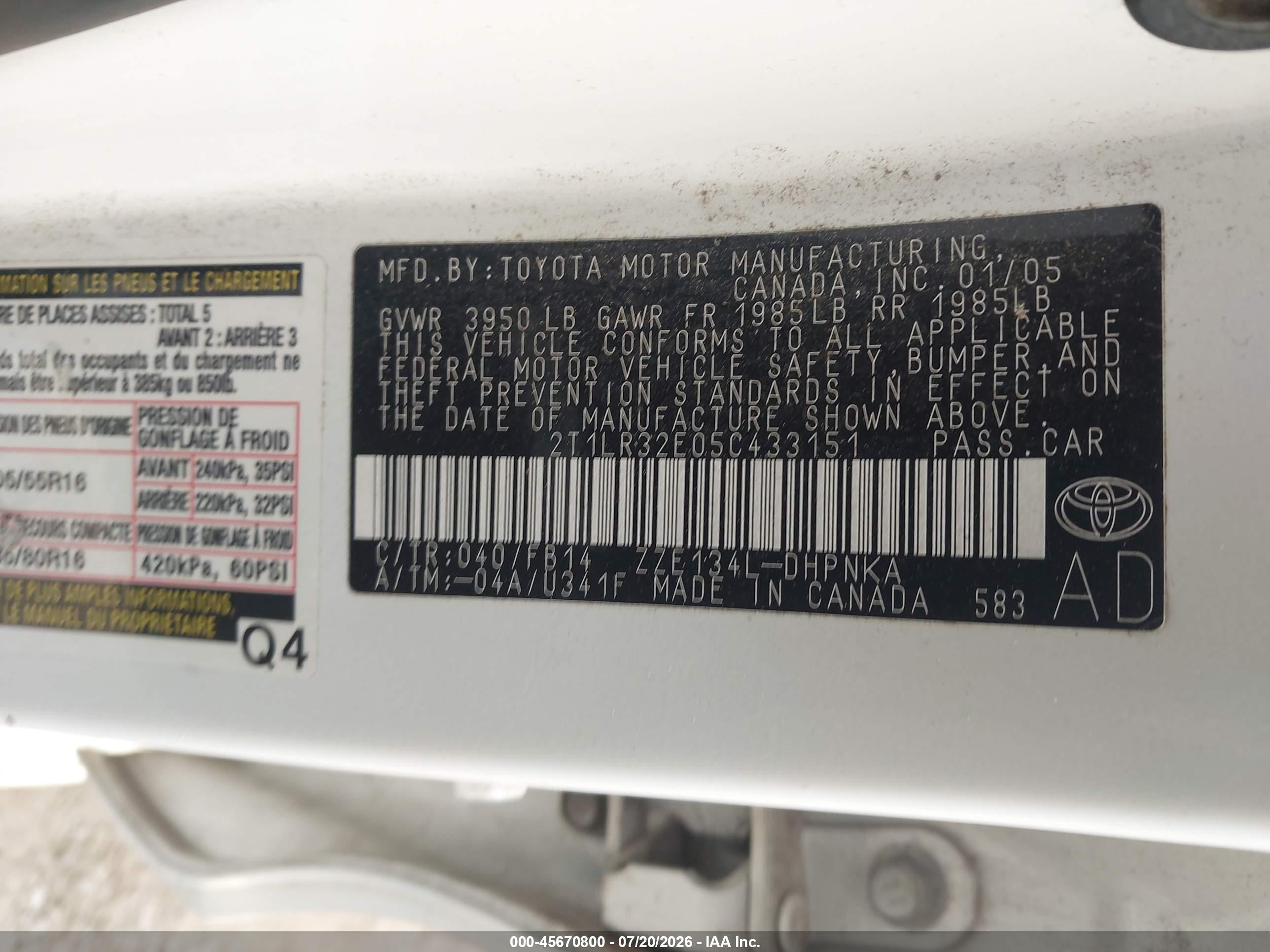 2005 Toyota Matrix Xr Белый vin: 2T1LR32E05C433151