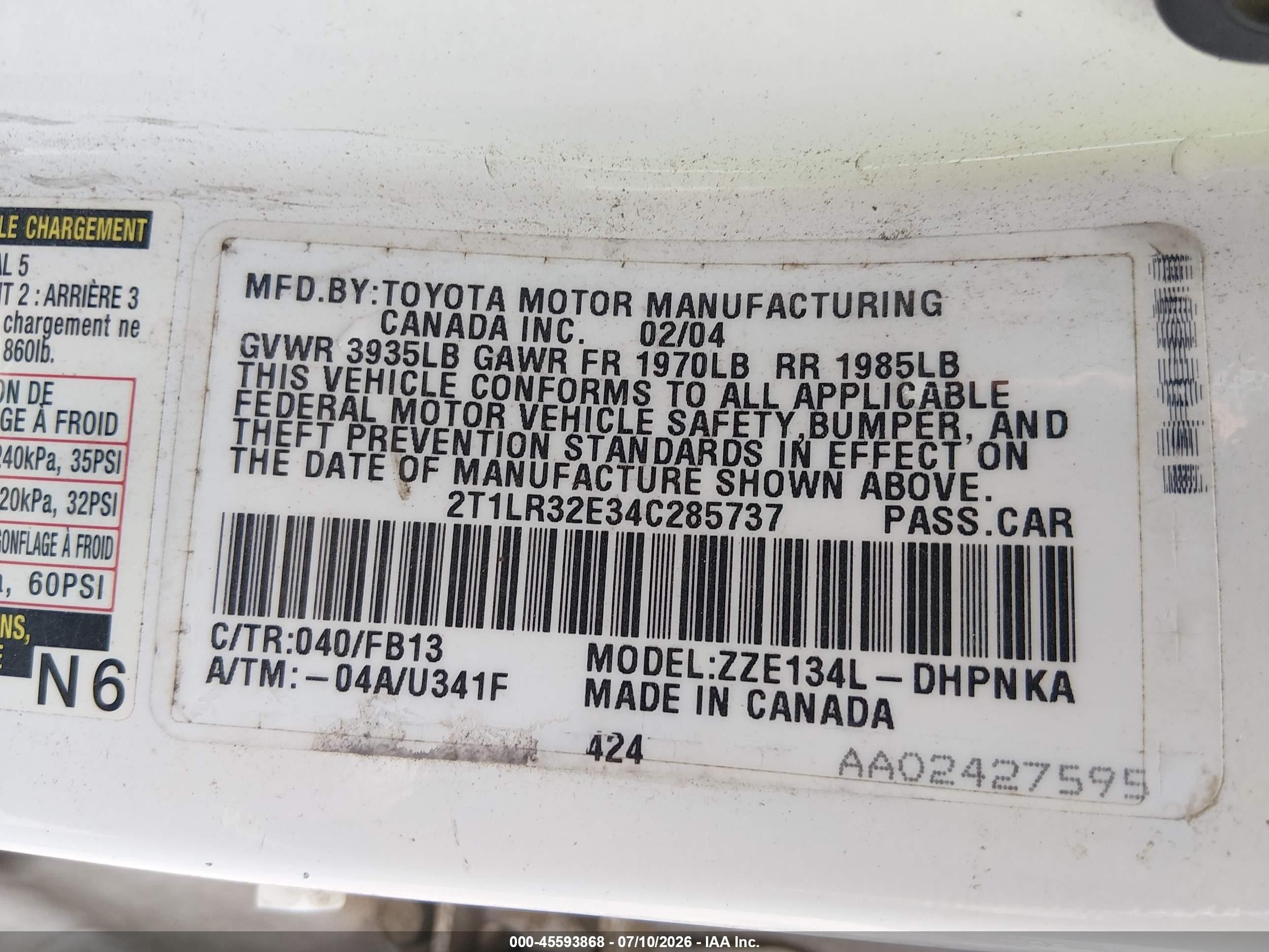 2004 Toyota Matrix Xr White vin: 2T1LR32E34C285737