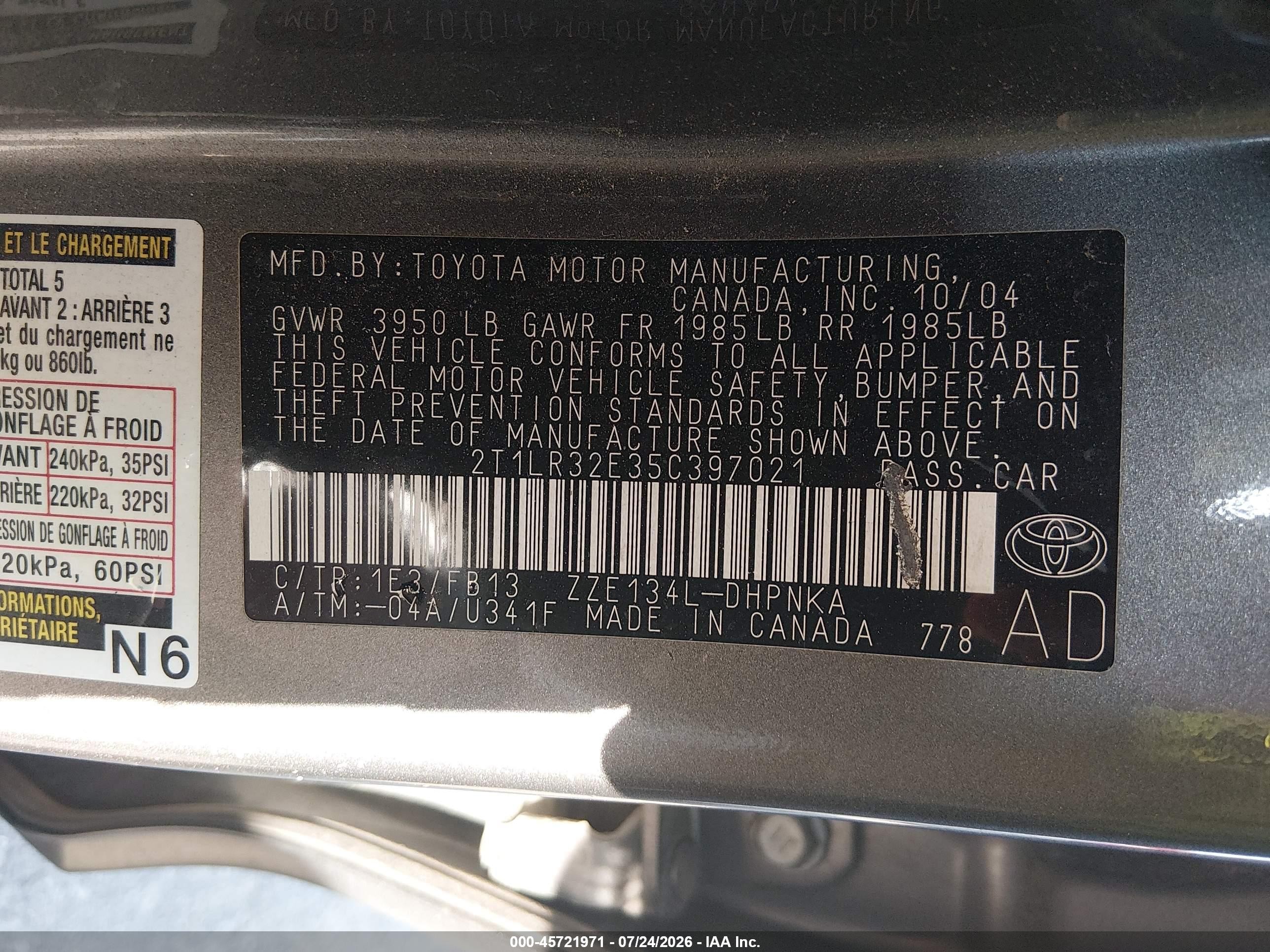 2005 Toyota Matrix Xr Серый vin: 2T1LR32E35C397021