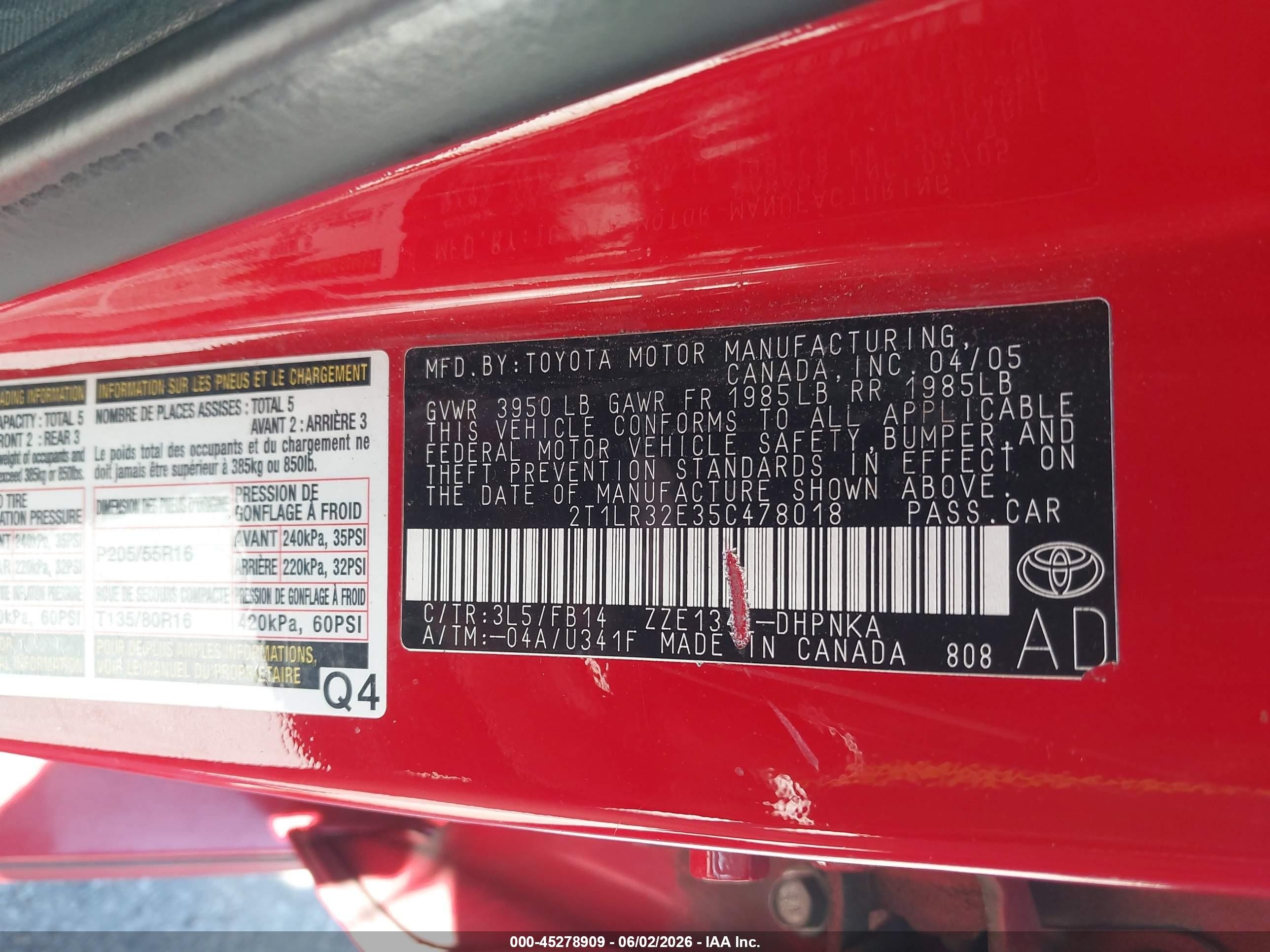 2005 Toyota Matrix Xr Red vin: 2T1LR32E35C478018
