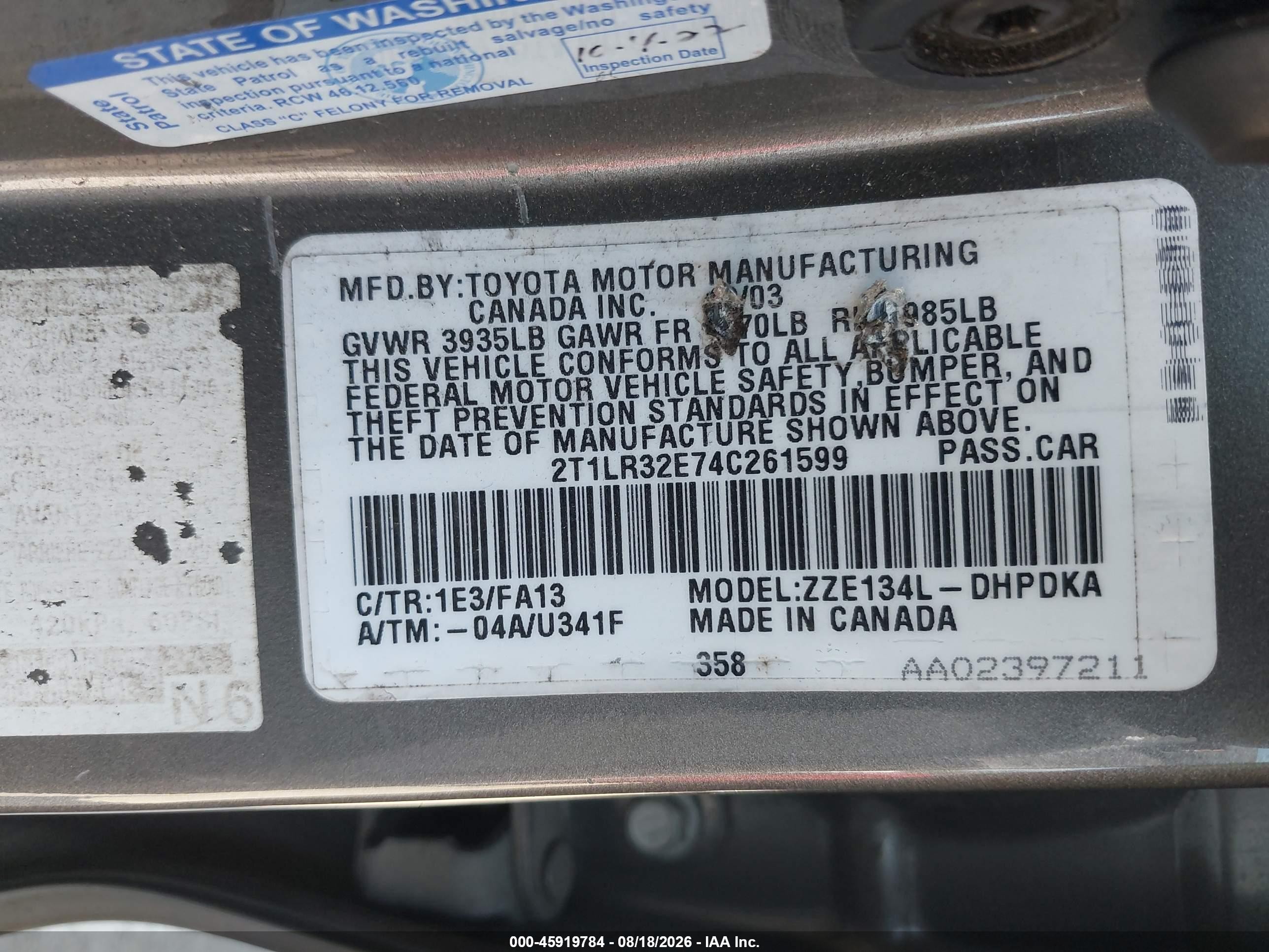 2004 Toyota Matrix Standard Gray vin: 2T1LR32E74C261599