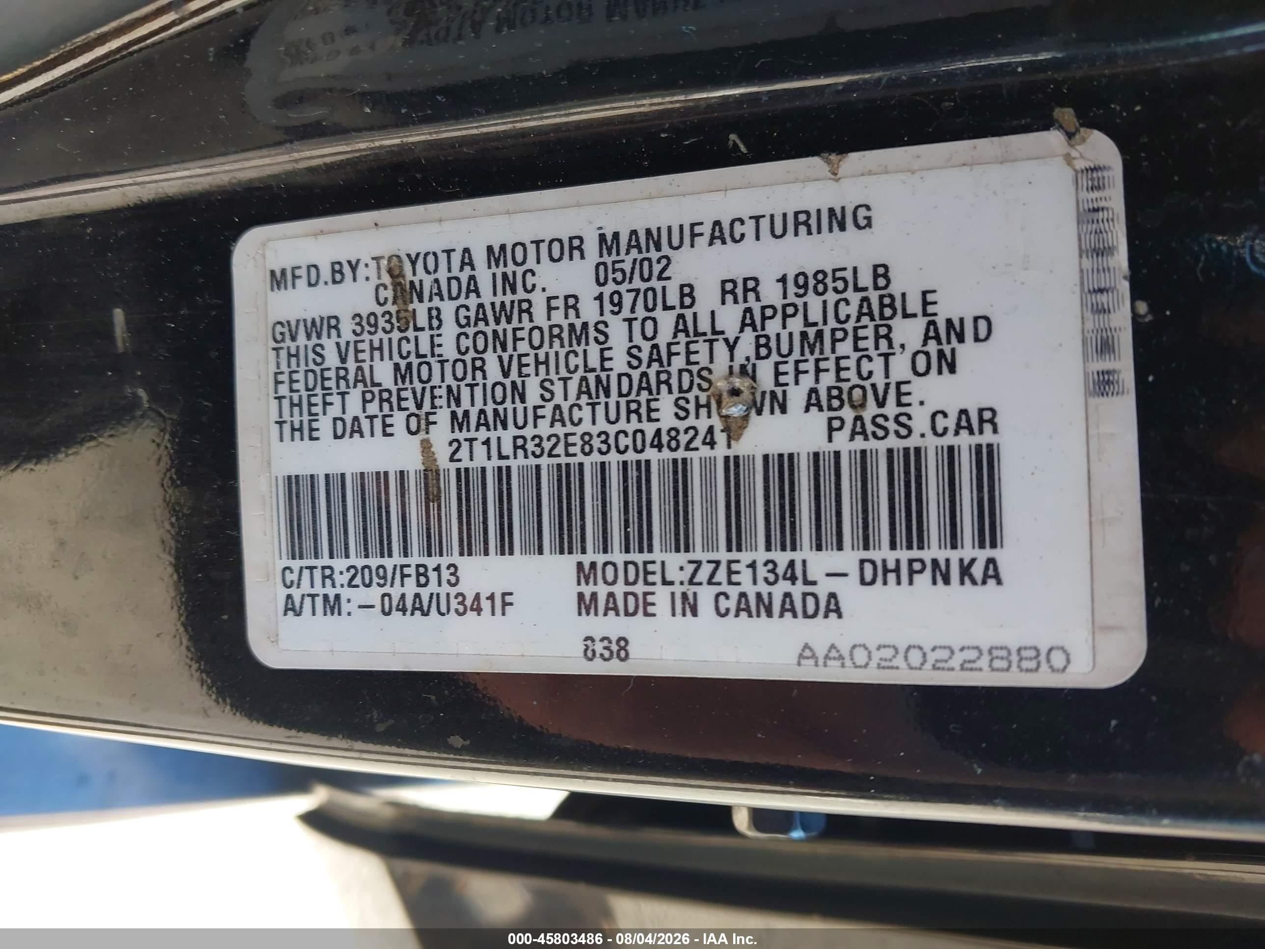 2003 Toyota Matrix Xr Black vin: 2T1LR32E83C048241
