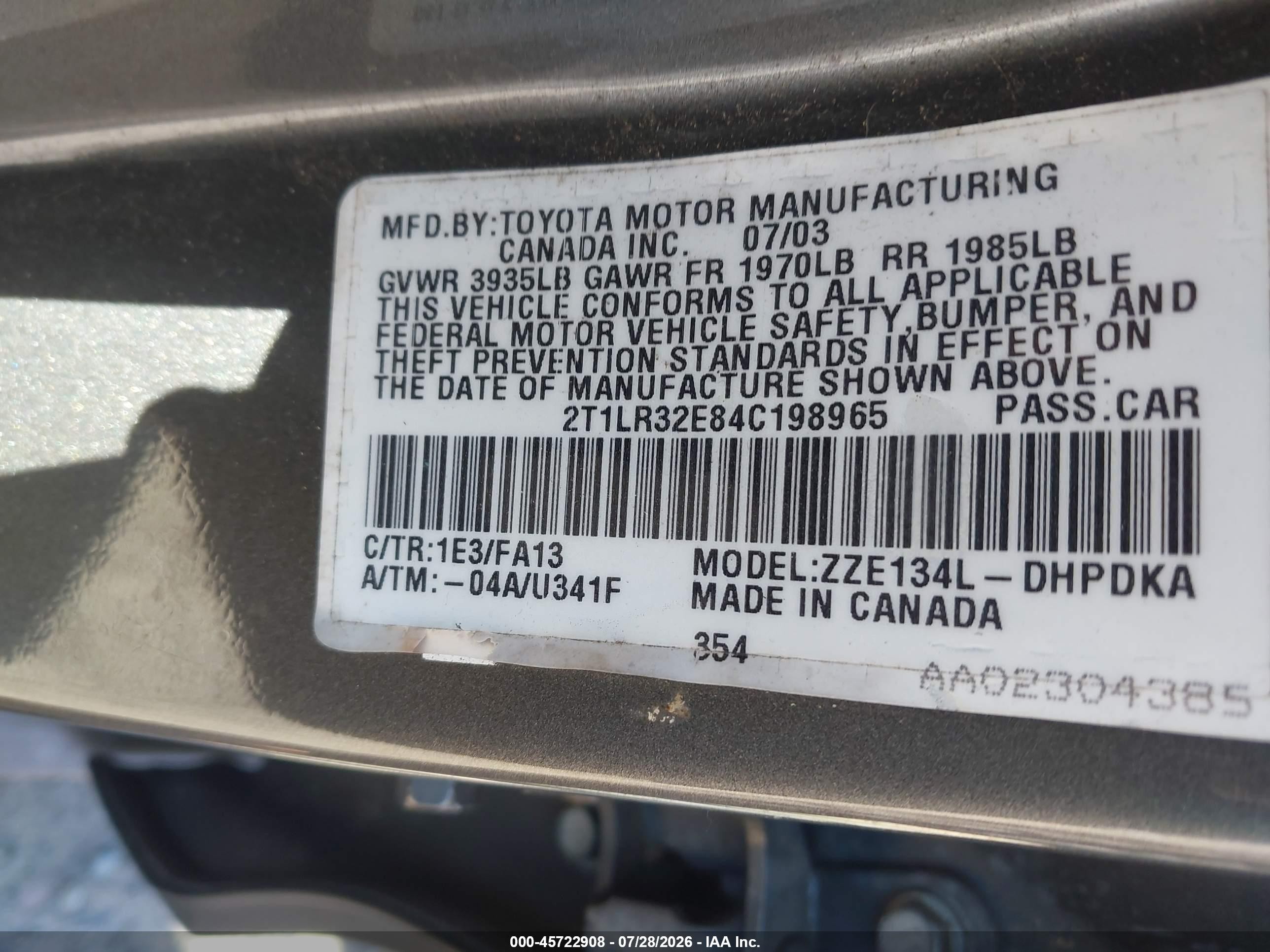 2004 Toyota Matrix Standard Silver vin: 2T1LR32E84C198965