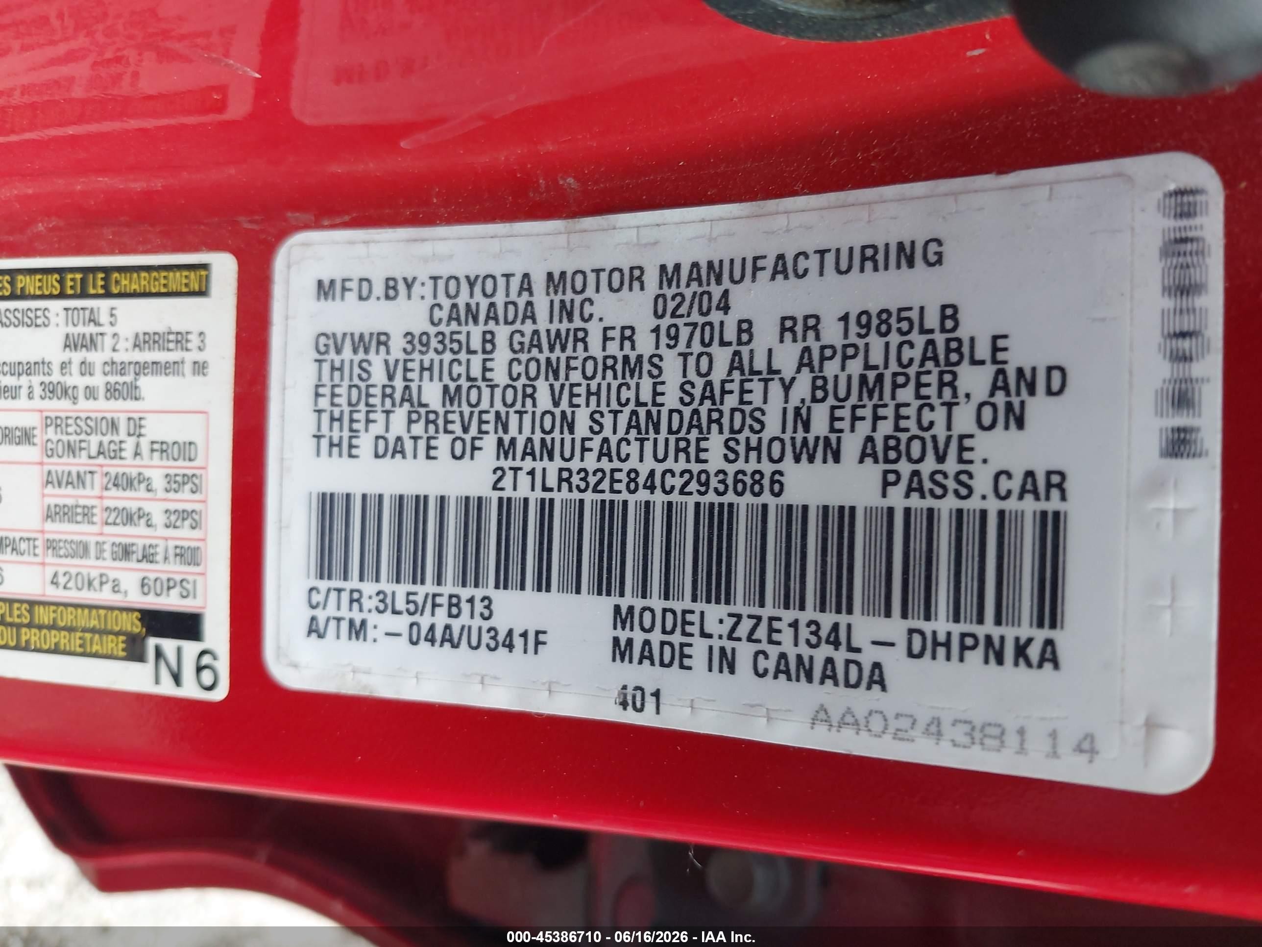 2004 Toyota Matrix Xr Red vin: 2T1LR32E84C293686