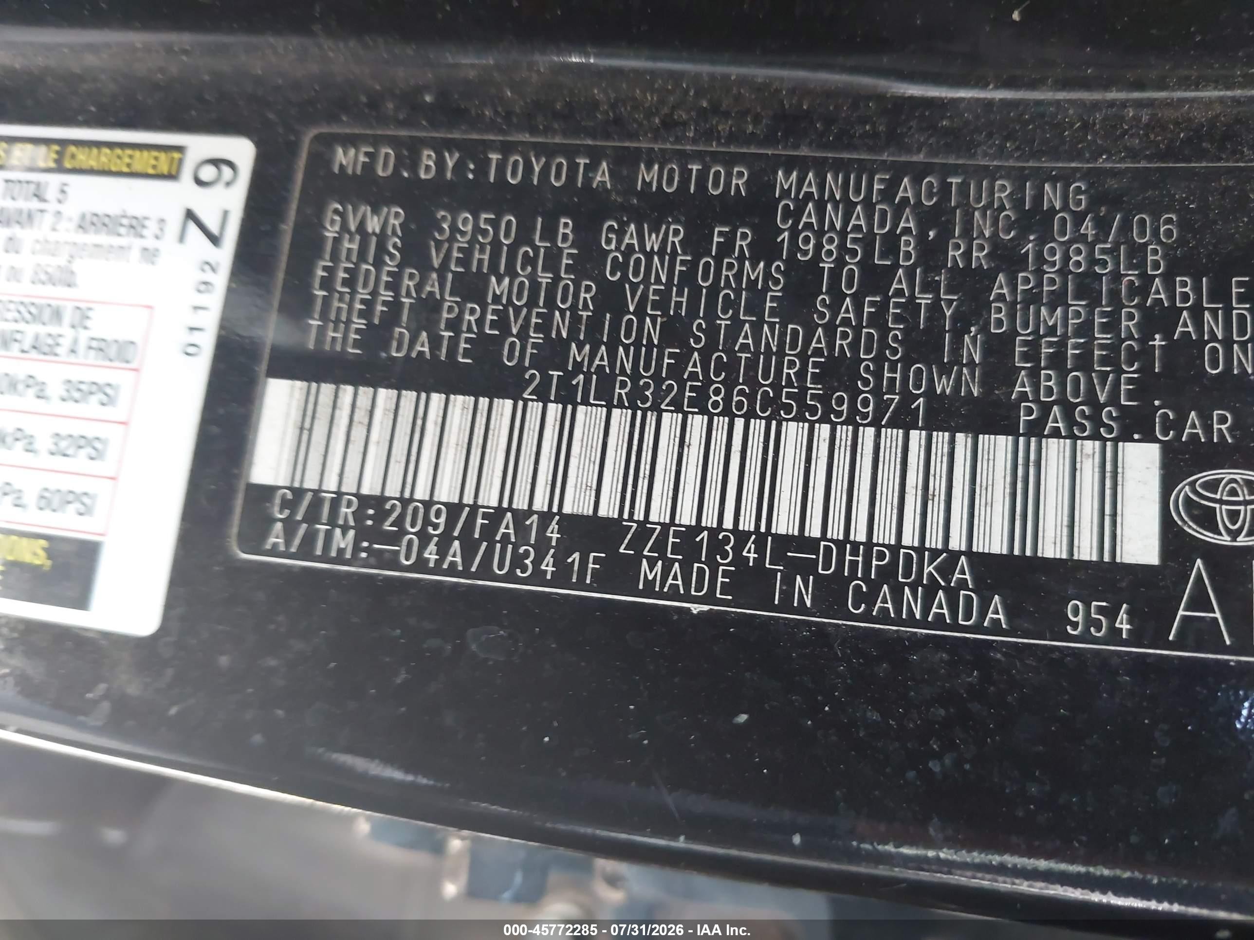 2006 Toyota Matrix   Черный vin: 2T1LR32E86C559971