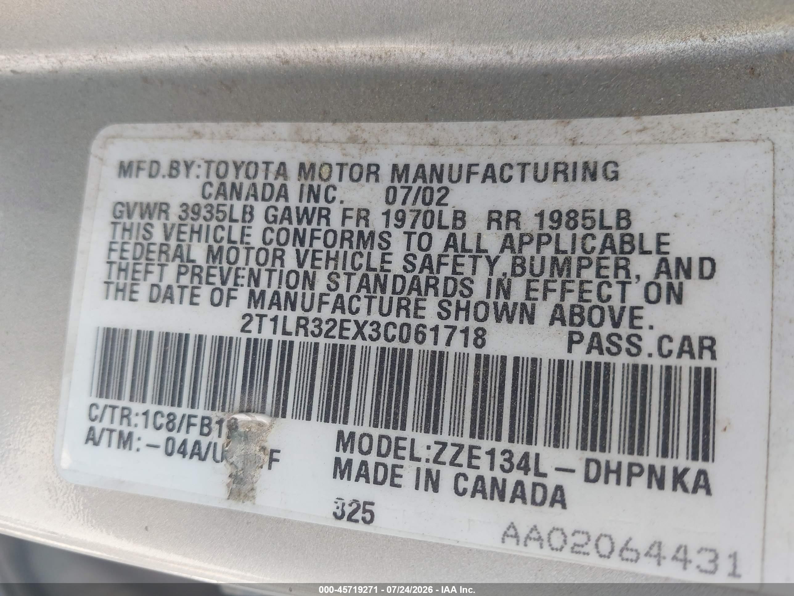 2003 Toyota Matrix Xr Серебряный vin: 2T1LR32EX3C061718