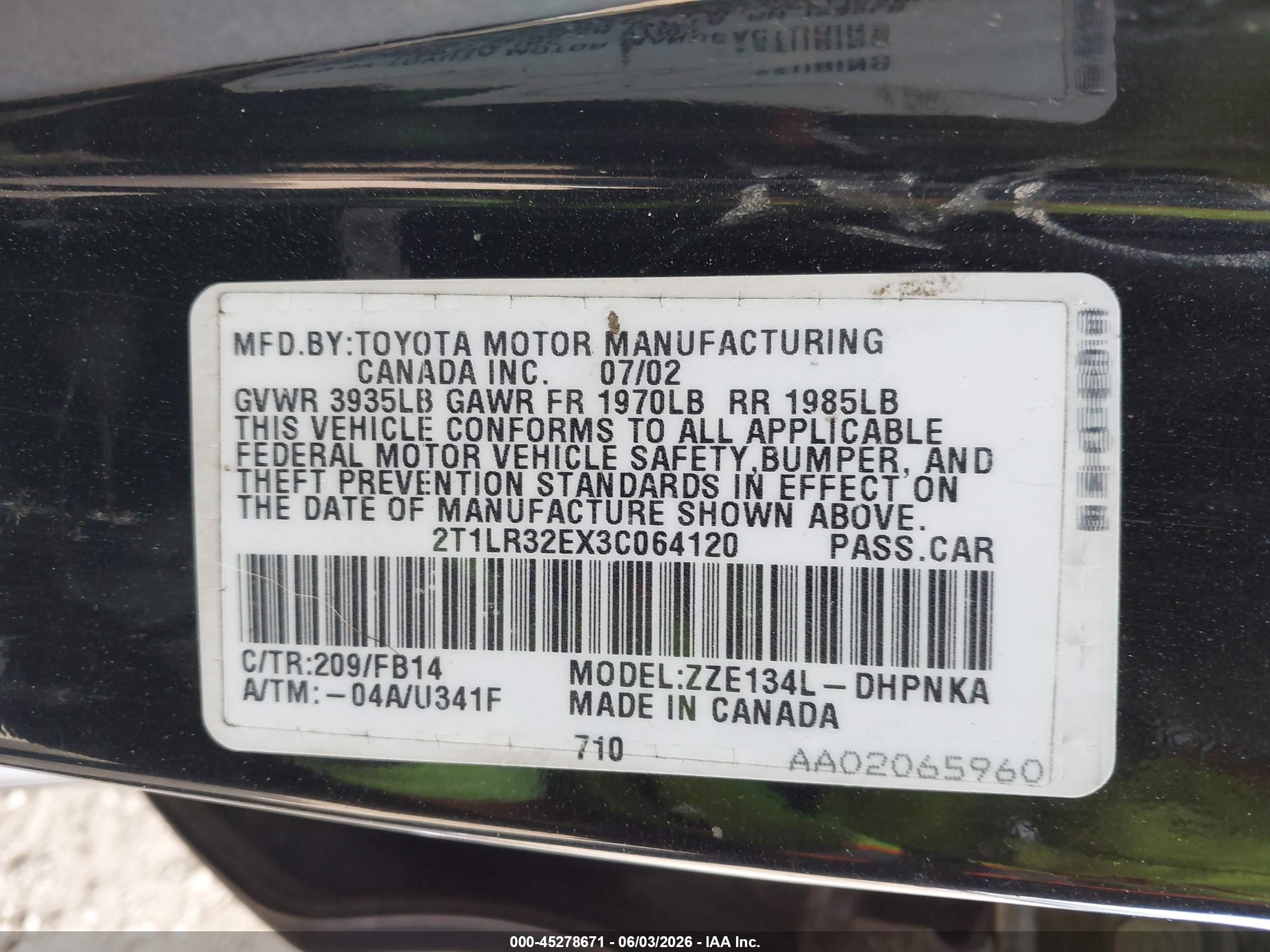 2003 Toyota Matrix Xr Black vin: 2T1LR32EX3C064120