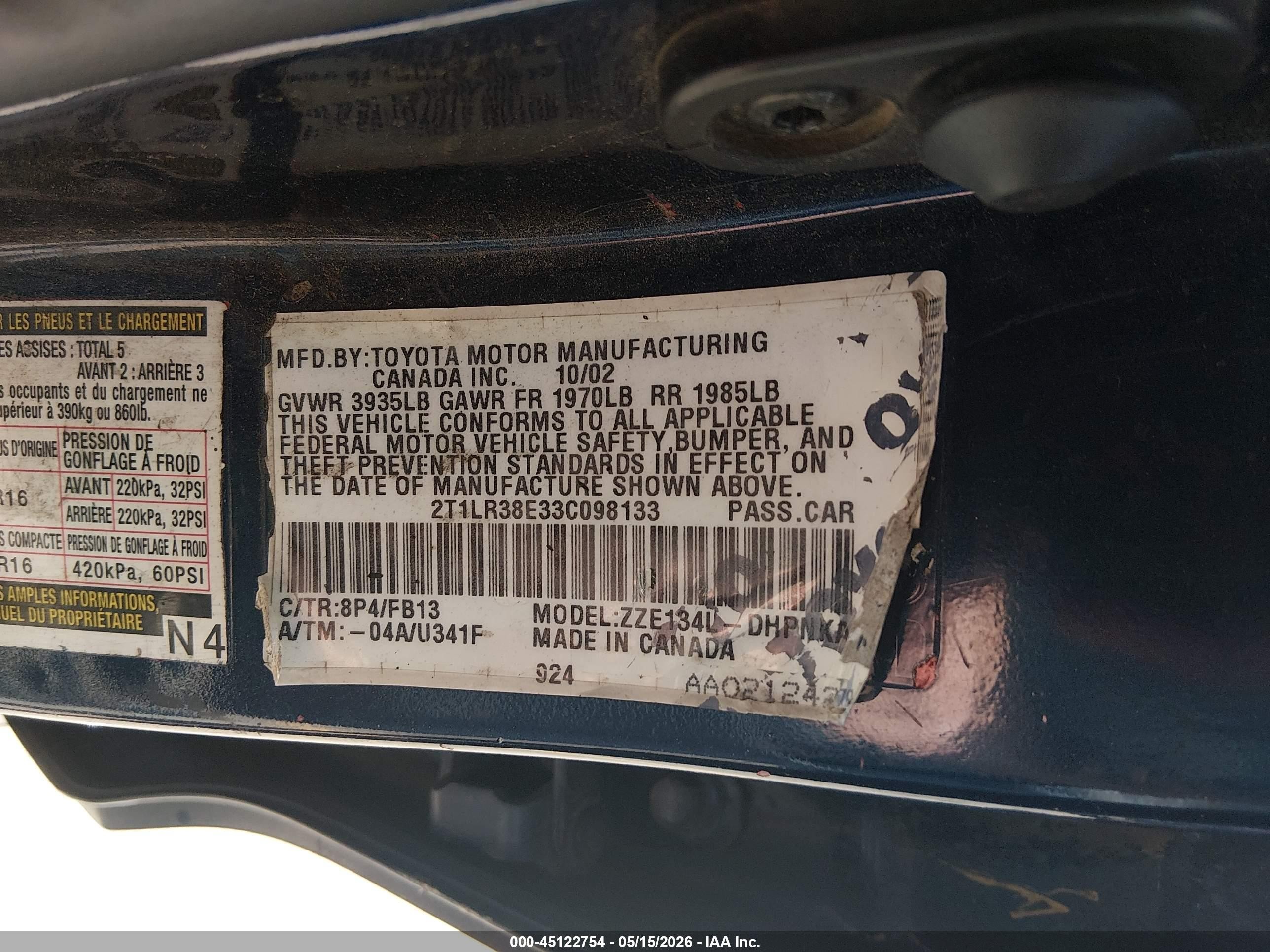 2003 Toyota Matrix Xr Blue vin: 2T1LR38E33C098133