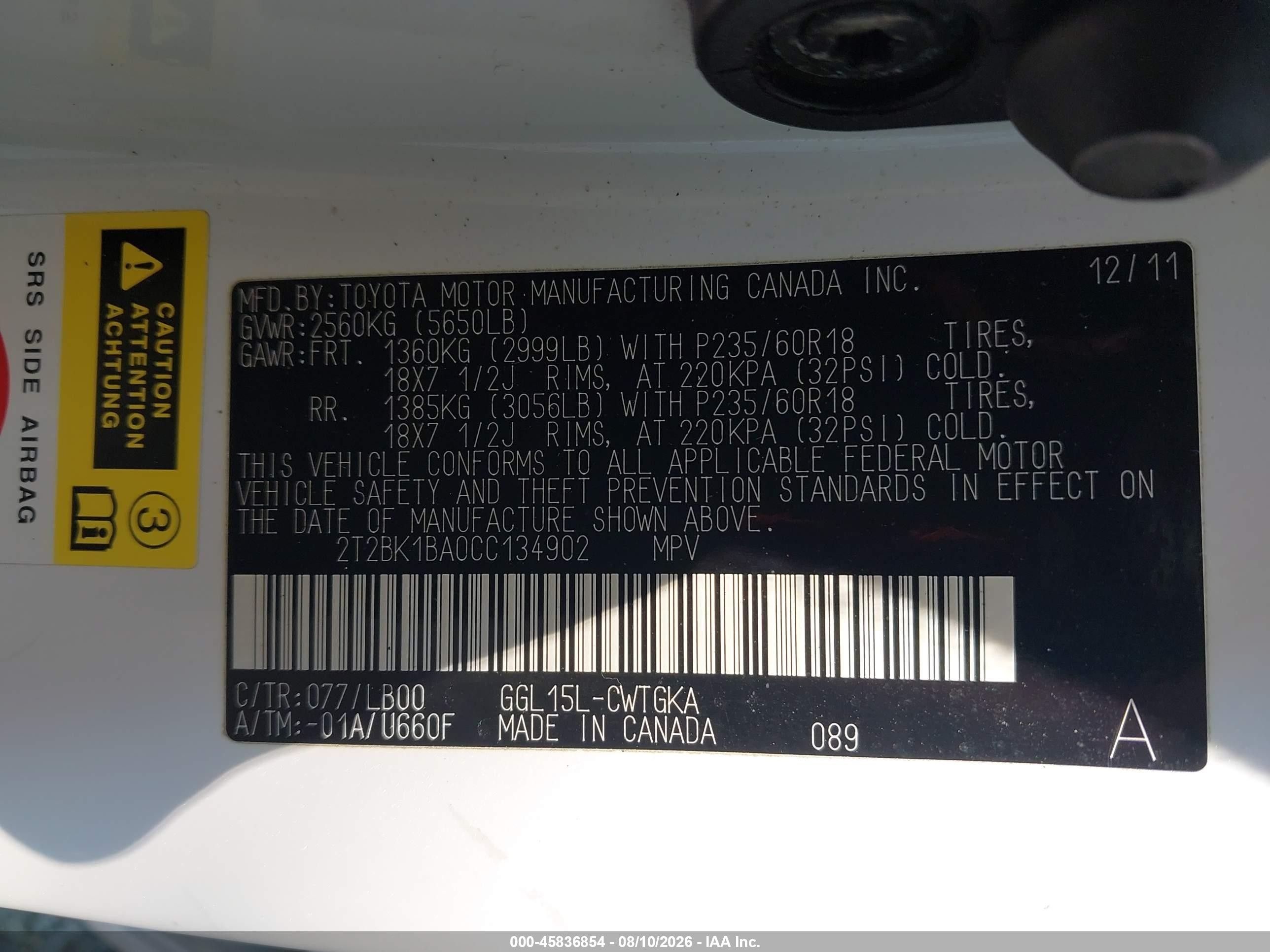 2012 Lexus Rx 350   White vin: 2T2BK1BA0CC134902