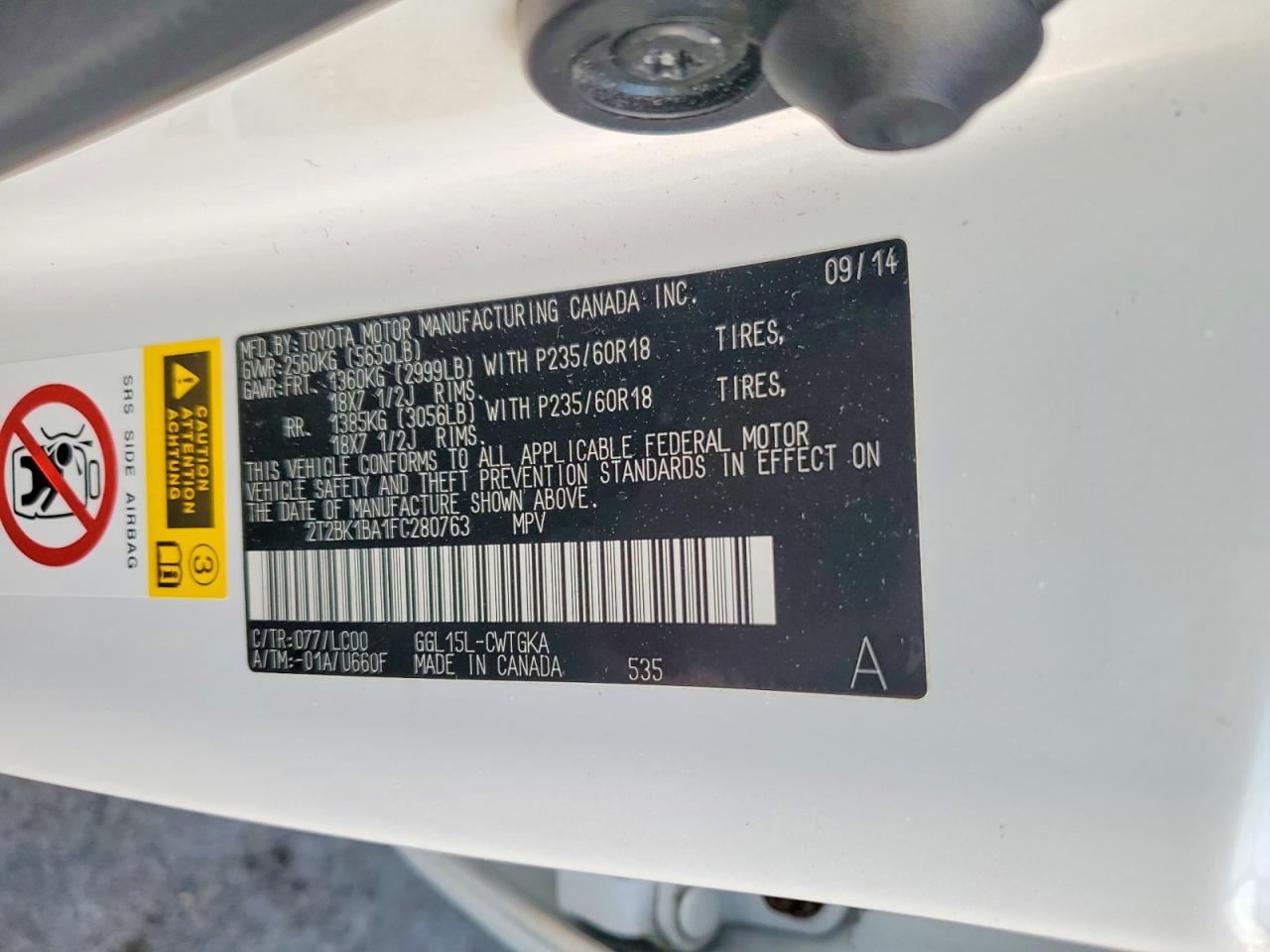 2015 Lexus Rx 350 Base White vin: 2T2BK1BA1FC280763