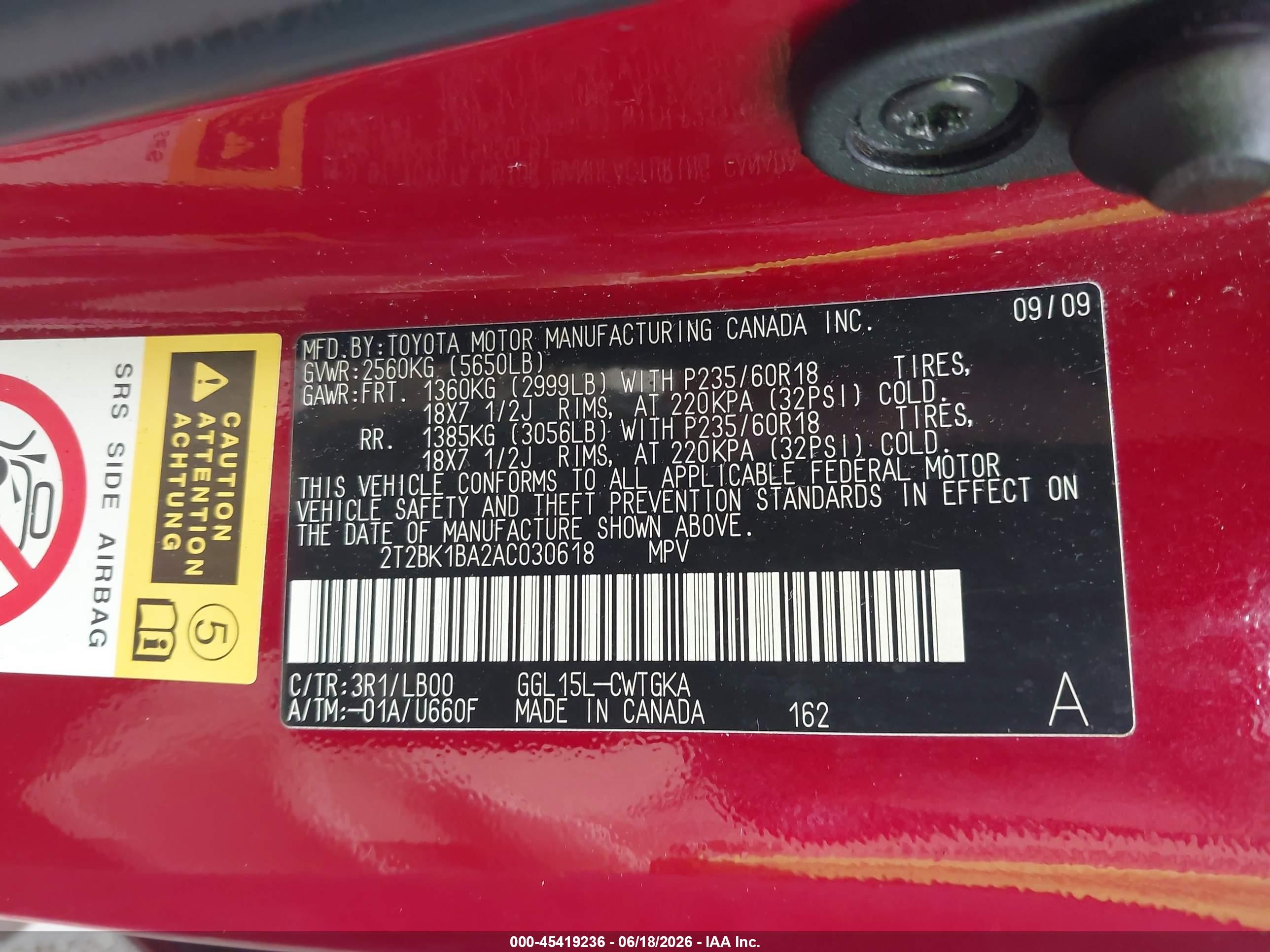 2010 Lexus Rx 350 Base (a6) Red vin: 2T2BK1BA2AC030618
