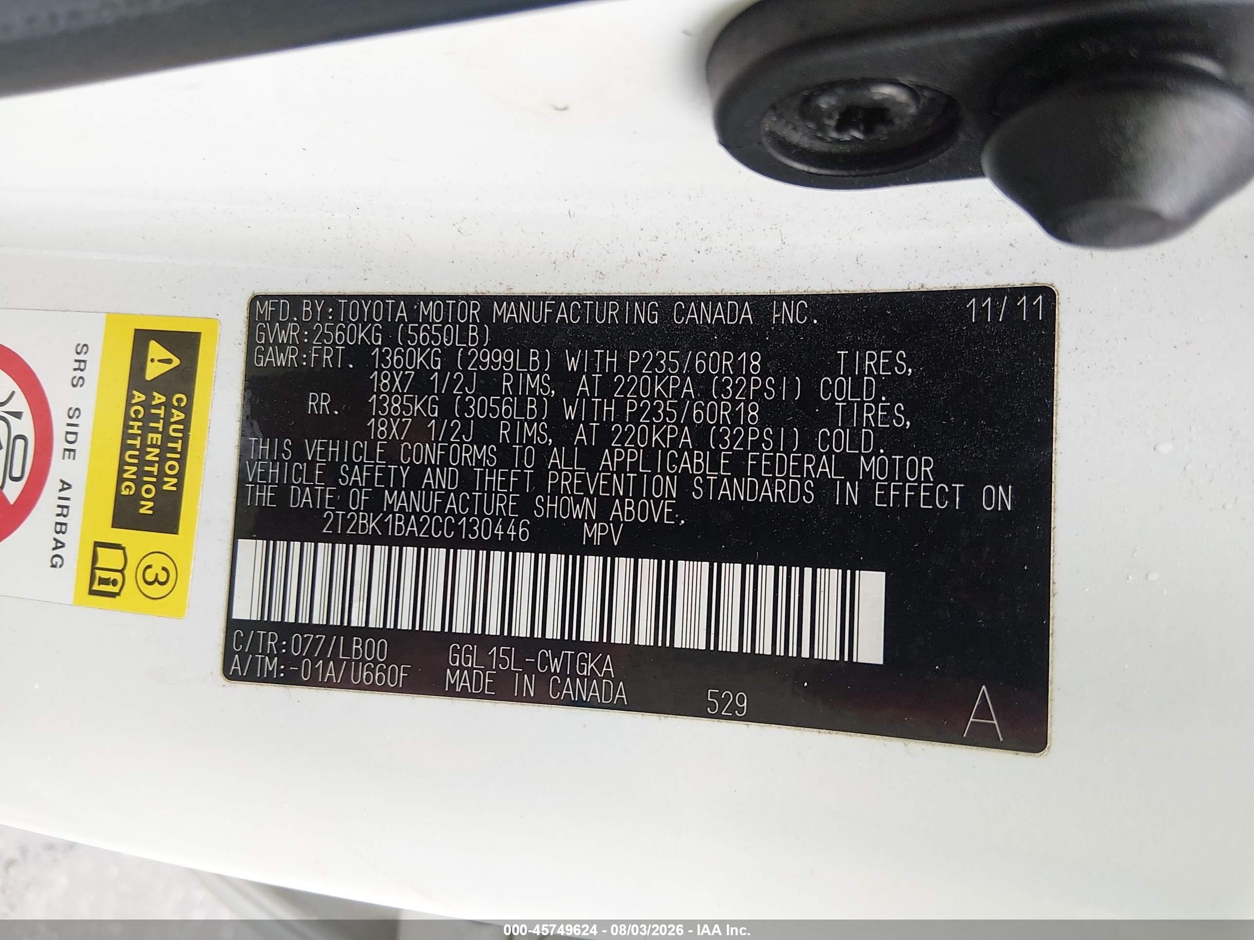 2012 Lexus Rx 350   White vin: 2T2BK1BA2CC130446