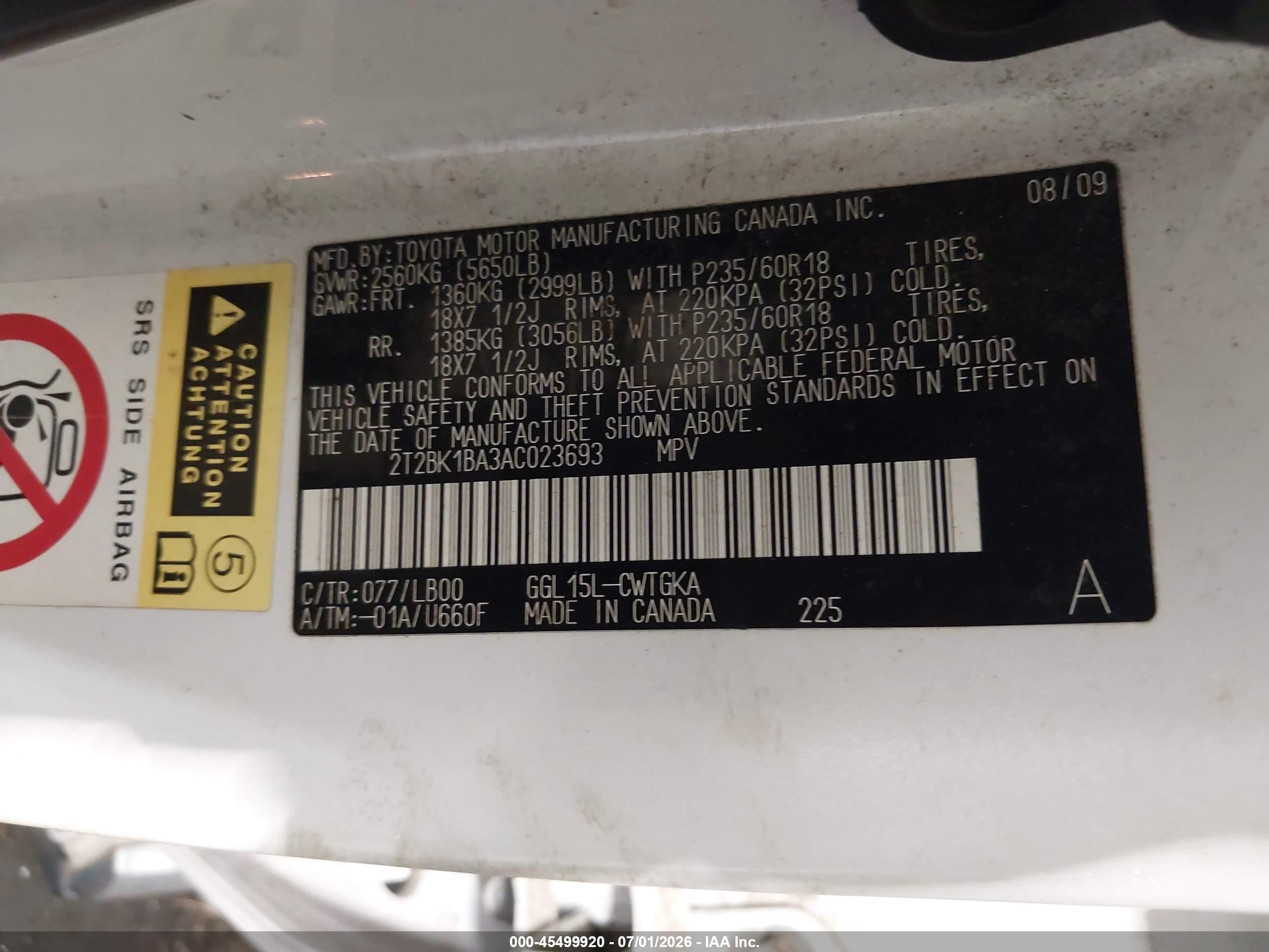 2010 Lexus Rx 350   White vin: 2T2BK1BA3AC023693
