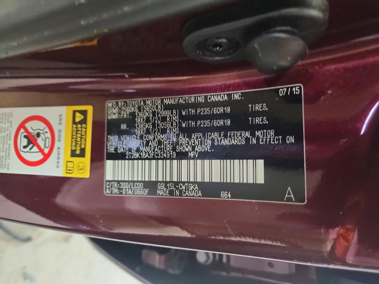 2015 Lexus Rx 350 Base Burgundy vin: 2T2BK1BA3FC334919