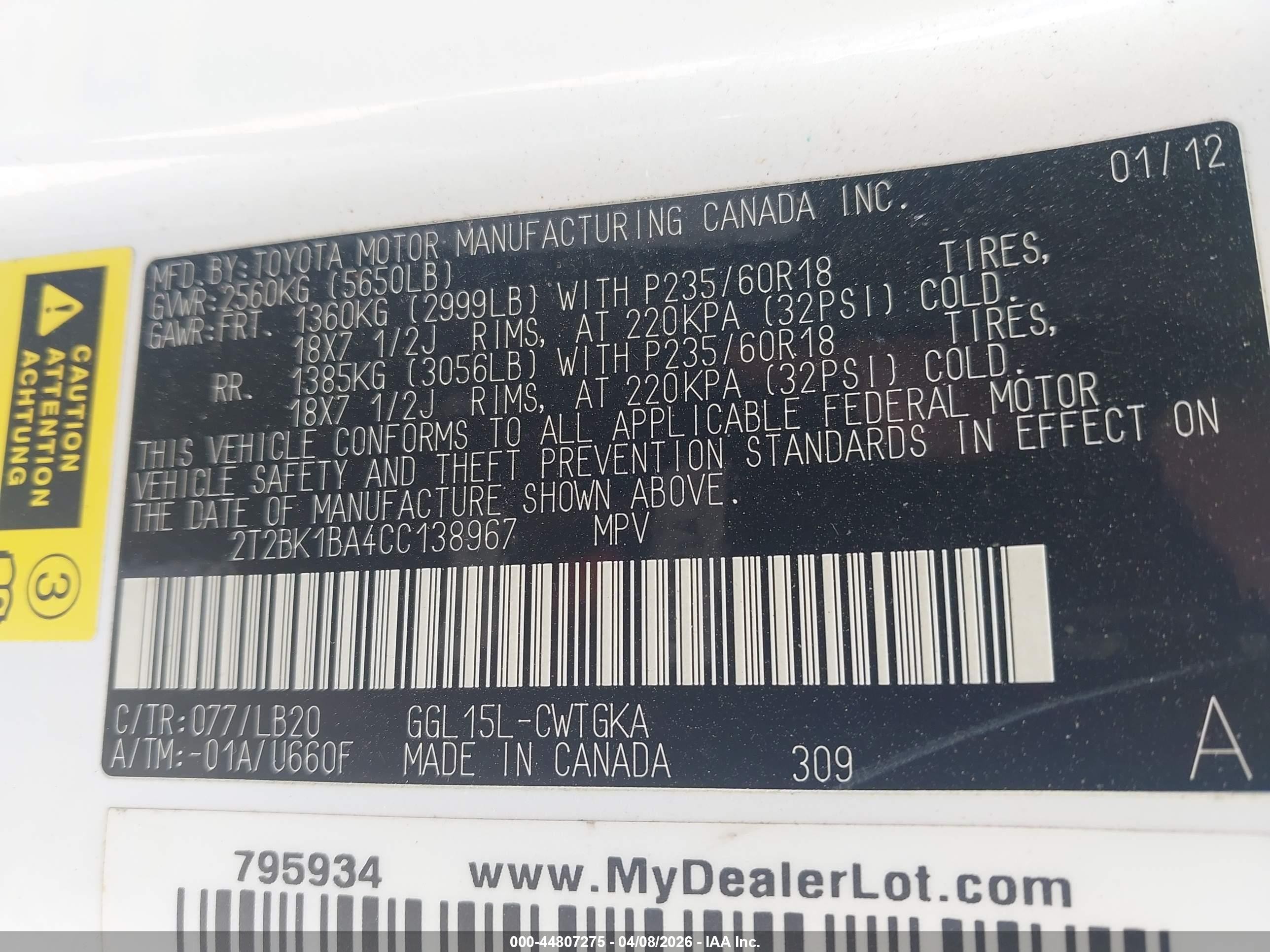 2012 Lexus Rx 350   White vin: 2T2BK1BA4CC138967