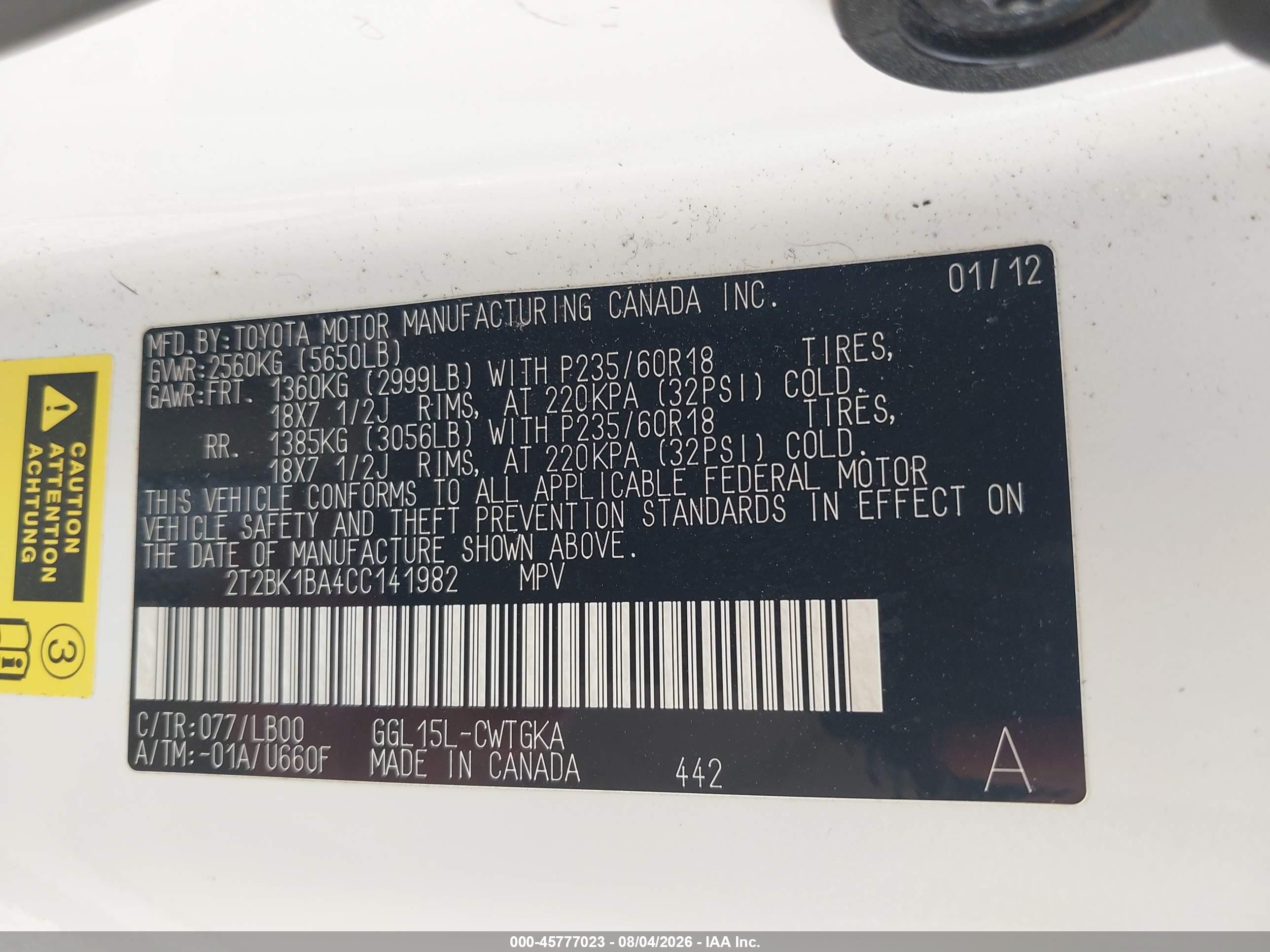 2012 Lexus Rx 350   White vin: 2T2BK1BA4CC141982