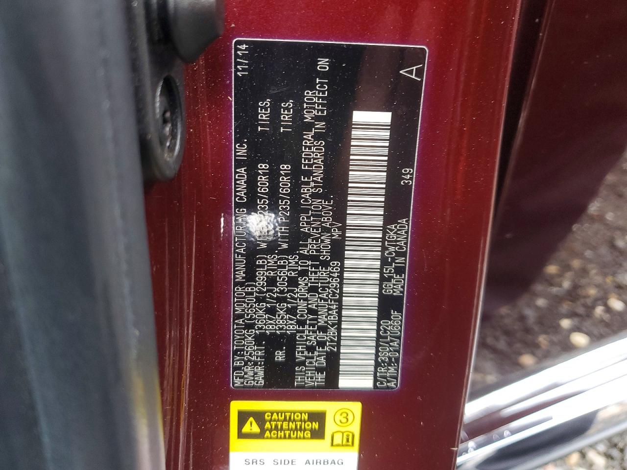 2015 Lexus Rx 350 Base Burgundy vin: 2T2BK1BA4FC296469