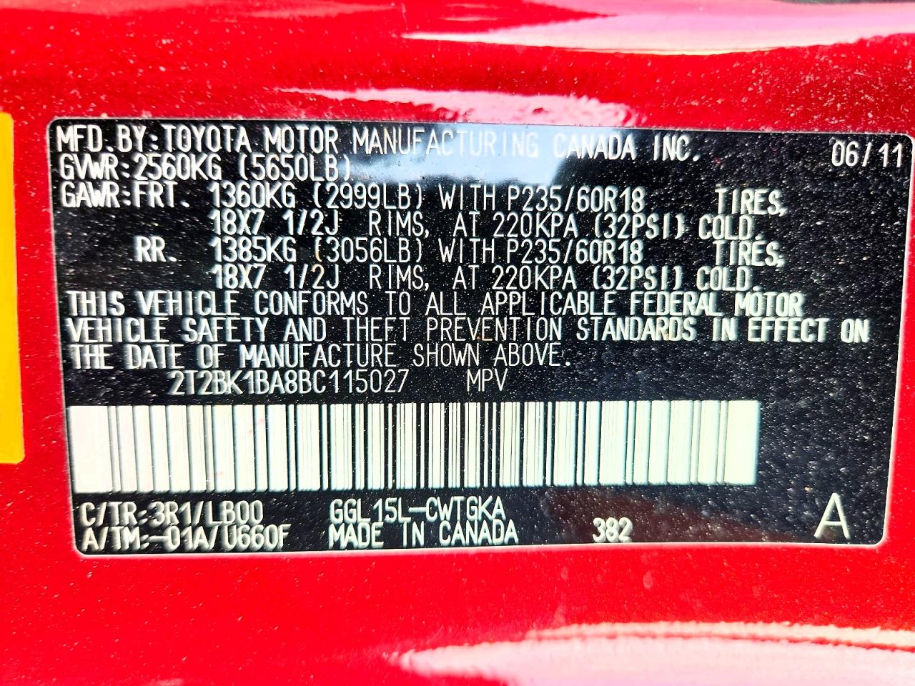 2011 Lexus Rx 350 Red vin: 2T2BK1BA8BC115027