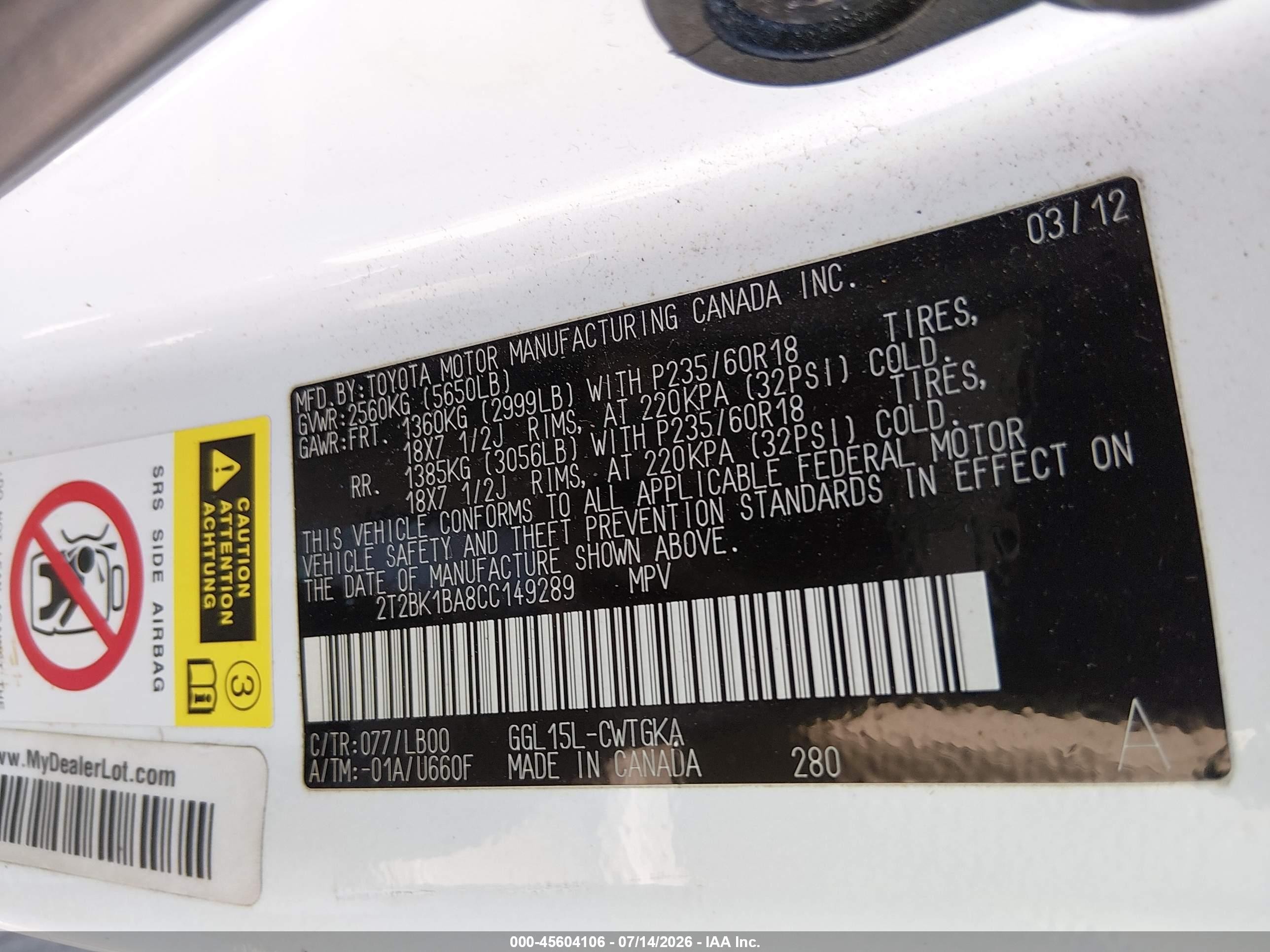 2012 Lexus Rx 350   White vin: 2T2BK1BA8CC149289