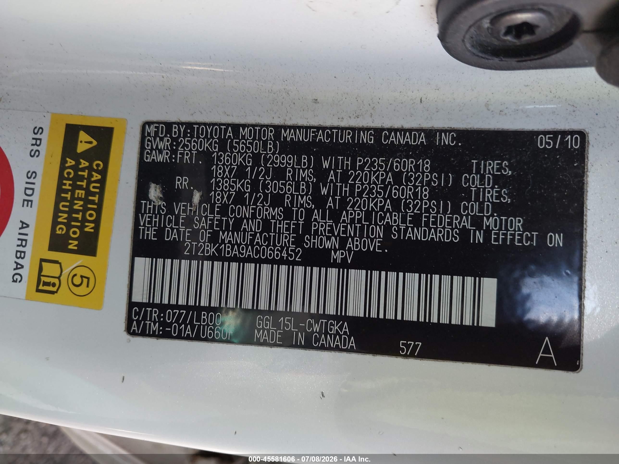 2010 Lexus Rx 350   White vin: 2T2BK1BA9AC066452