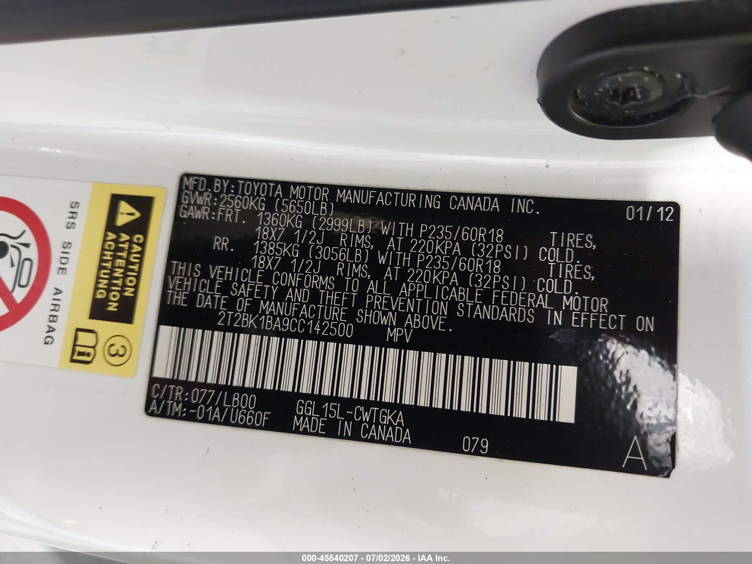2012 Lexus Rx 350   White vin: 2T2BK1BA9CC142500
