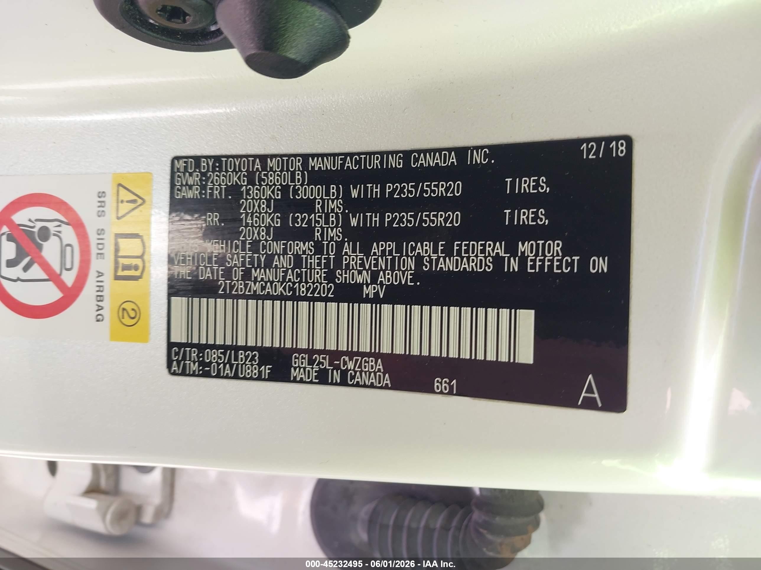 2019 Lexus Rx 350   Белый vin: 2T2BZMCA0KC182202
