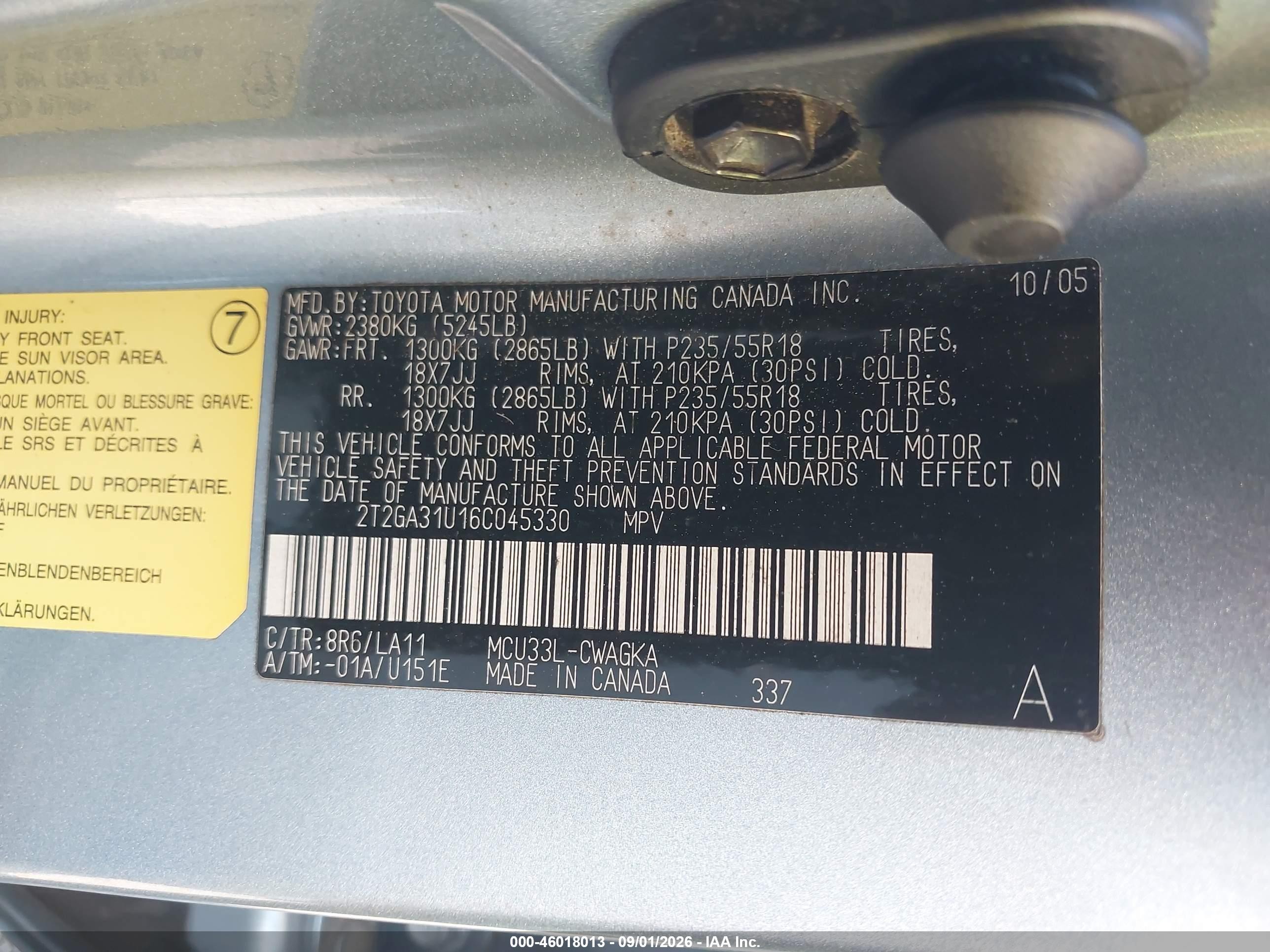 2006 Lexus Rx 330   Light Blue vin: 2T2GA31U16C045330