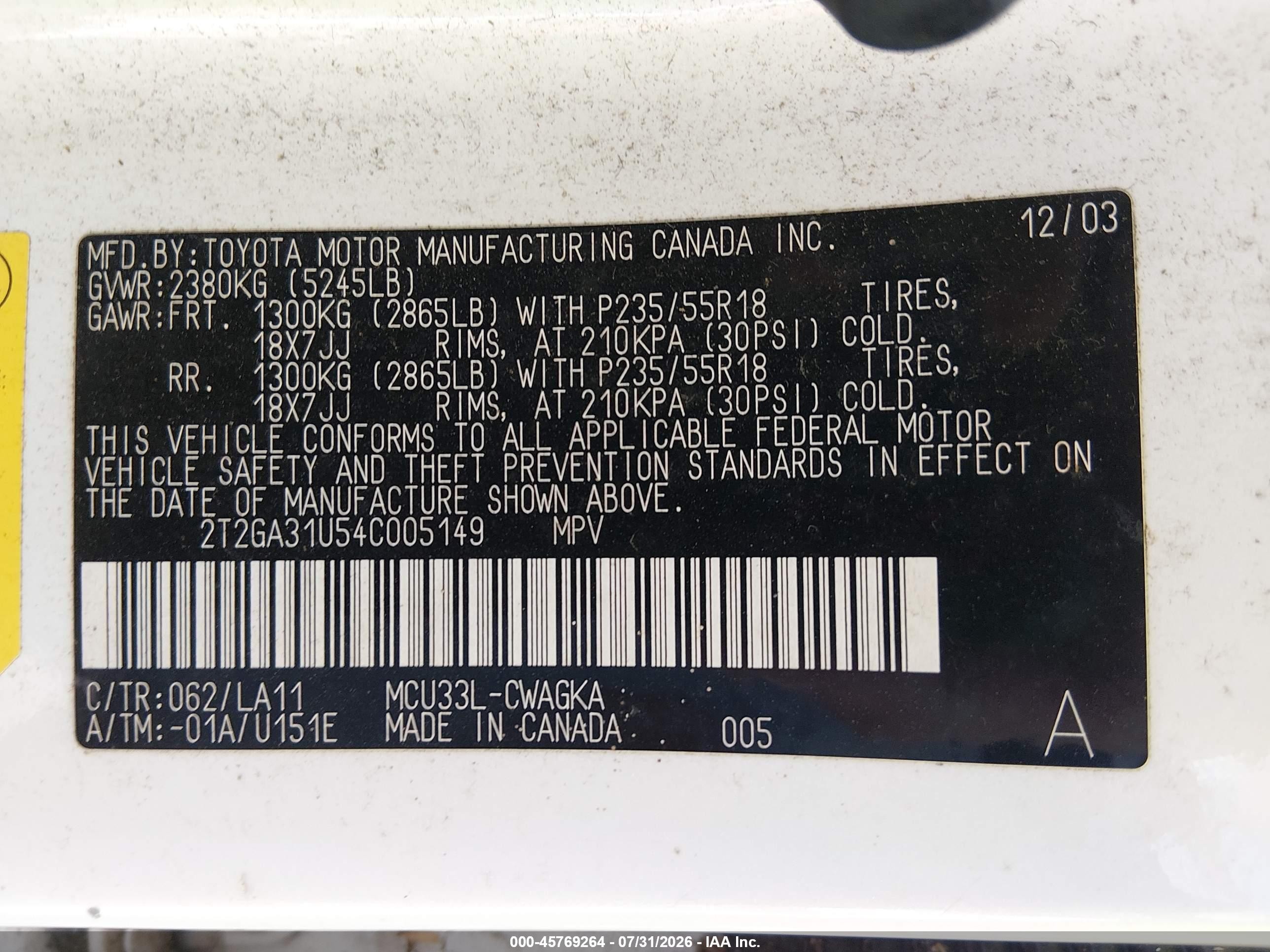2004 Lexus Rx 330   White vin: 2T2GA31U54C005149