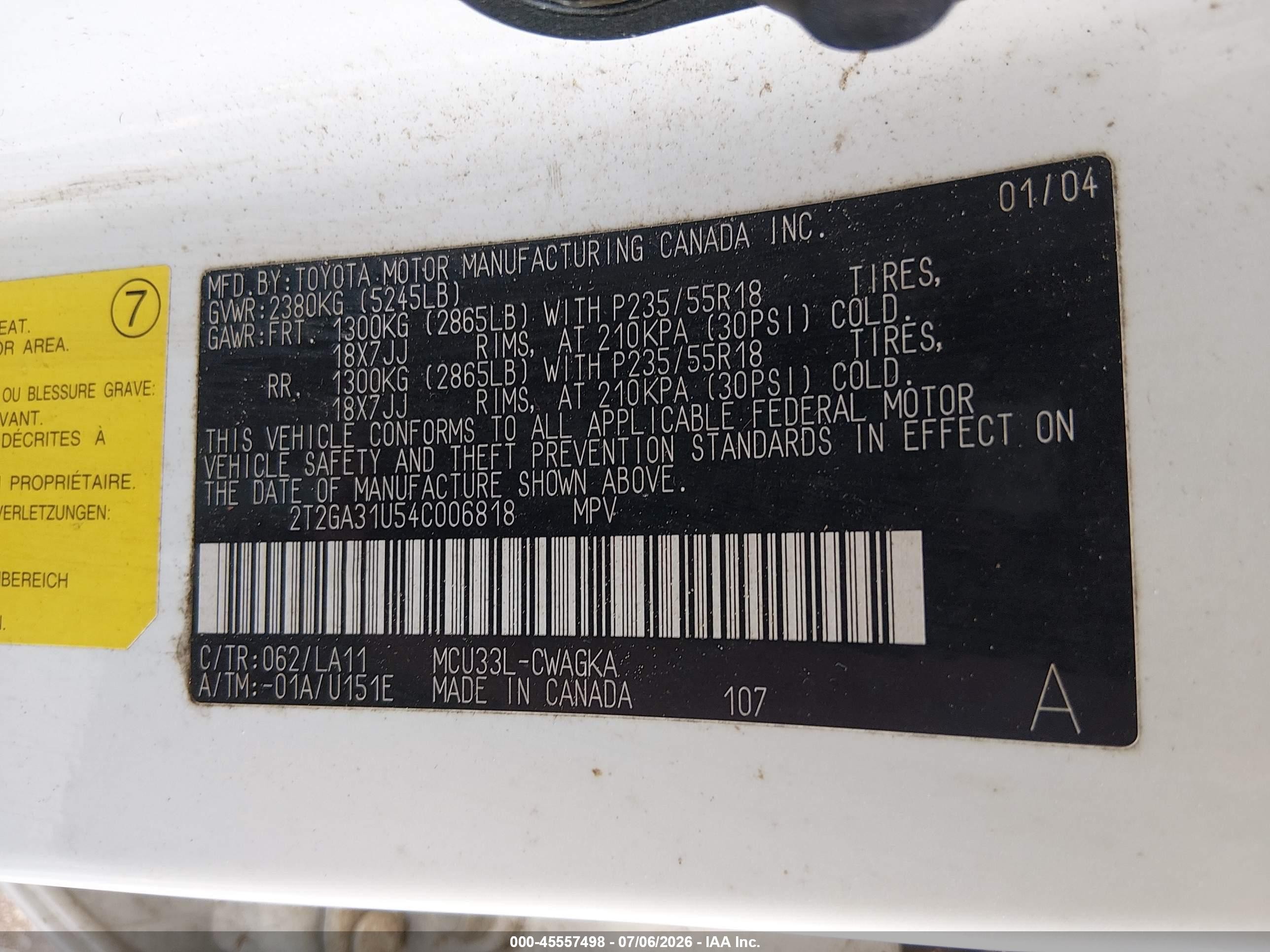 2004 Lexus Rx 330   White vin: 2T2GA31U54C006818