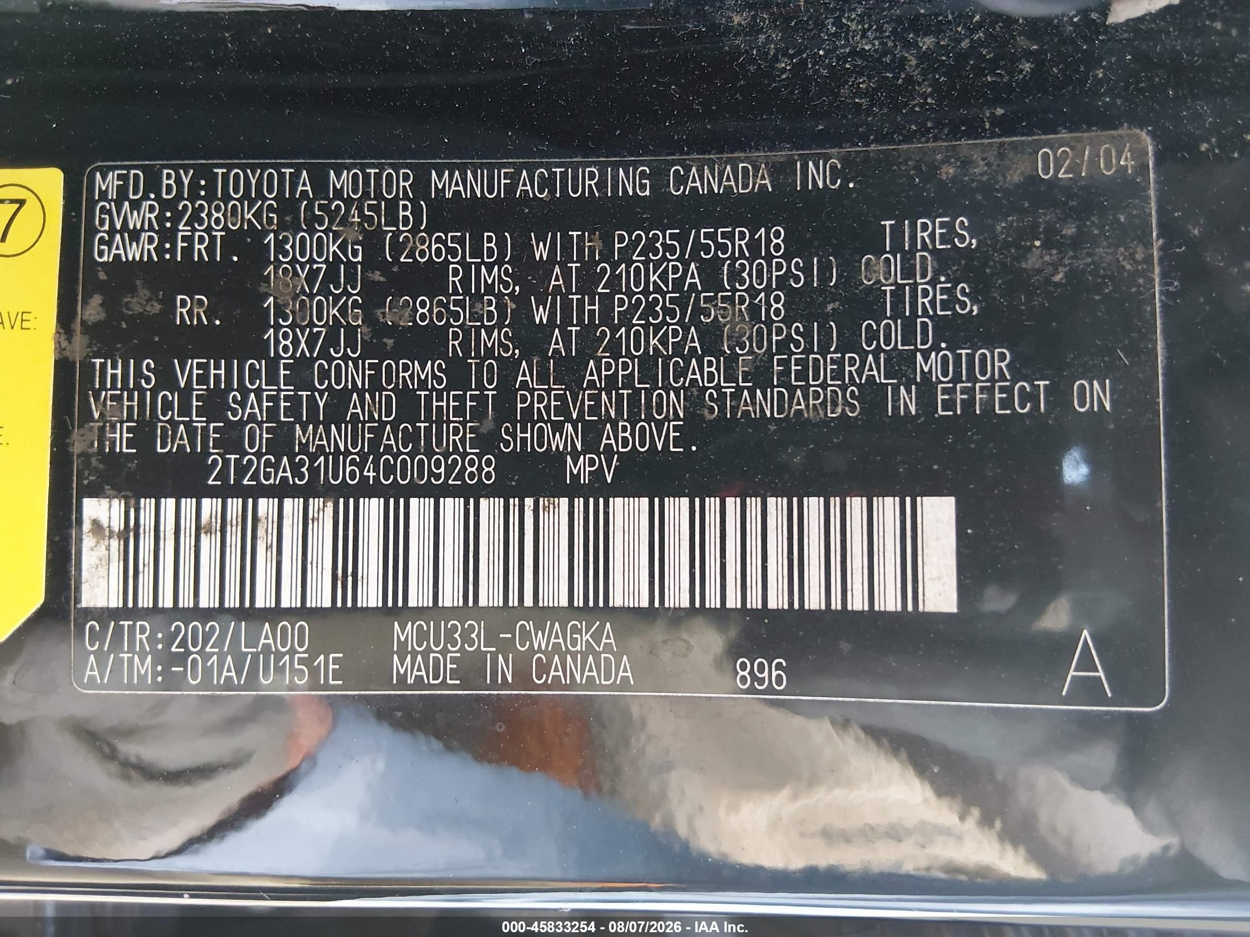 2004 Lexus Rx 330   Black vin: 2T2GA31U64C009288