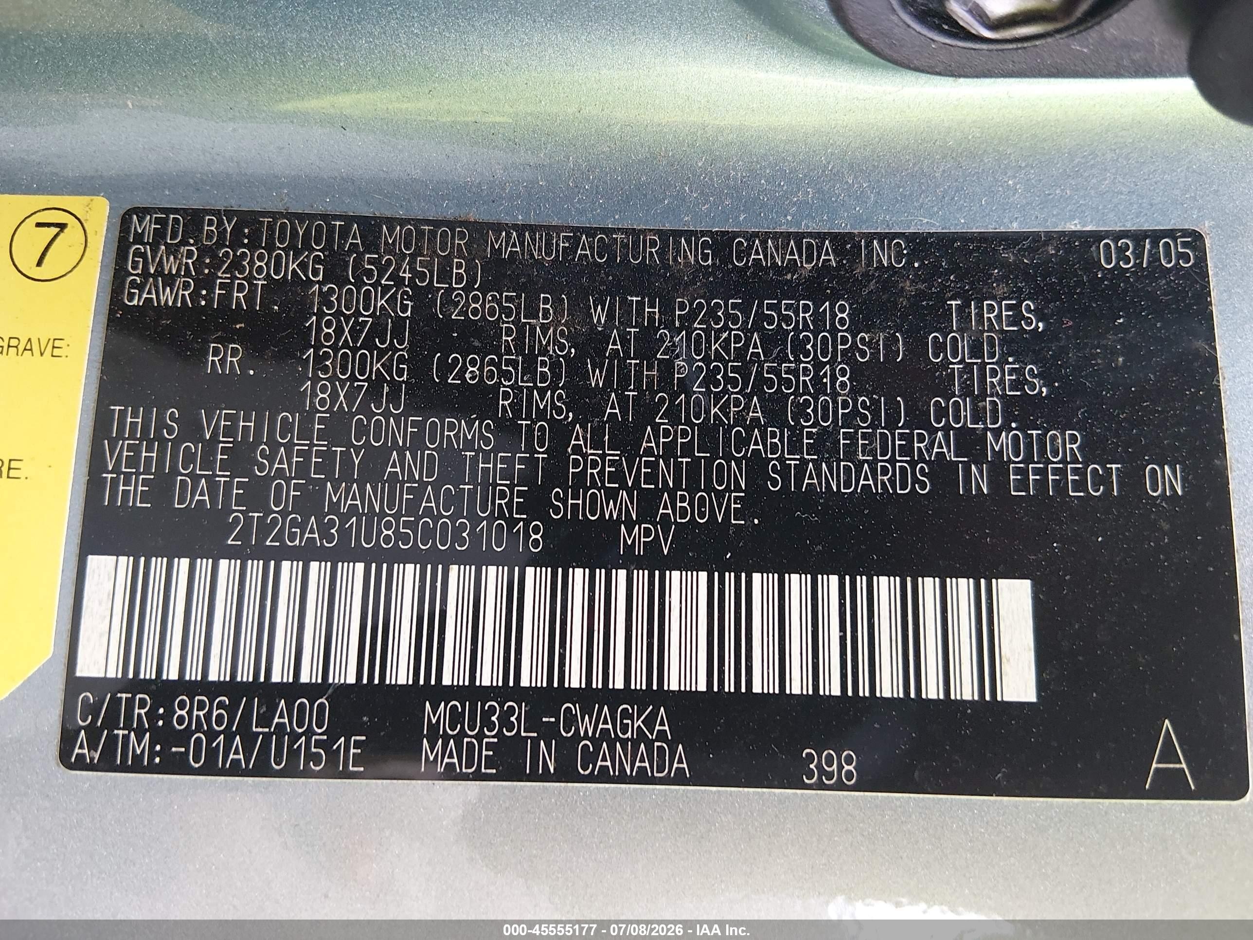 2005 Lexus Rx 330   Light Blue vin: 2T2GA31U85C031018