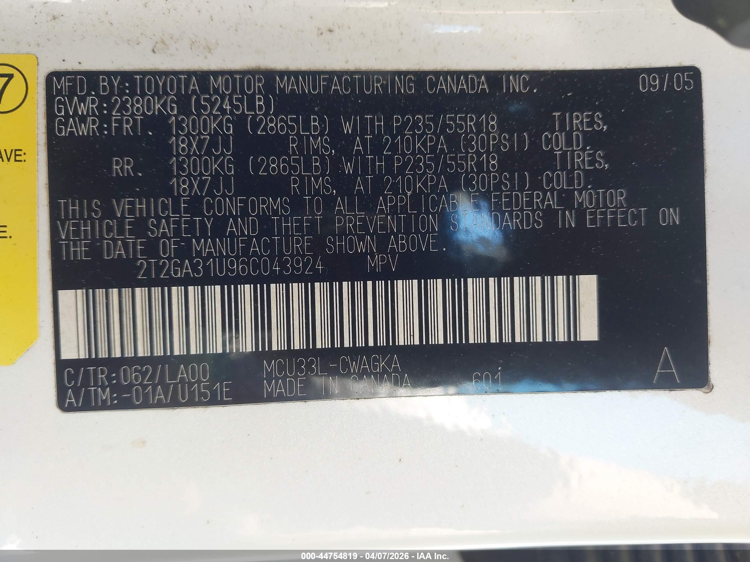 2006 Lexus Rx 330   White vin: 2T2GA31U96C043924