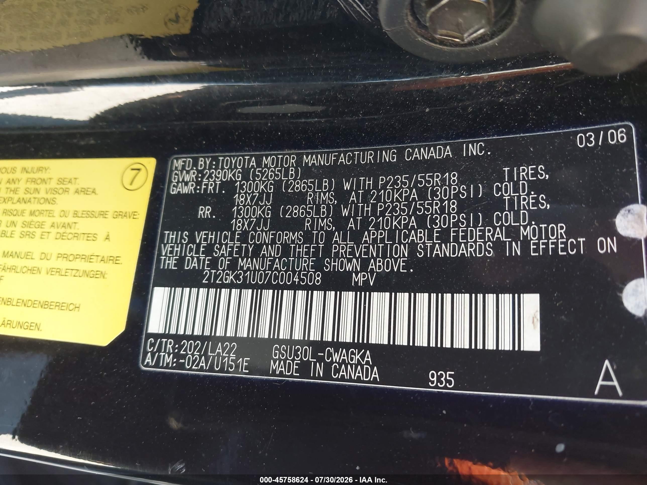 2007 Lexus Rx 350   Black vin: 2T2GK31U07C004508