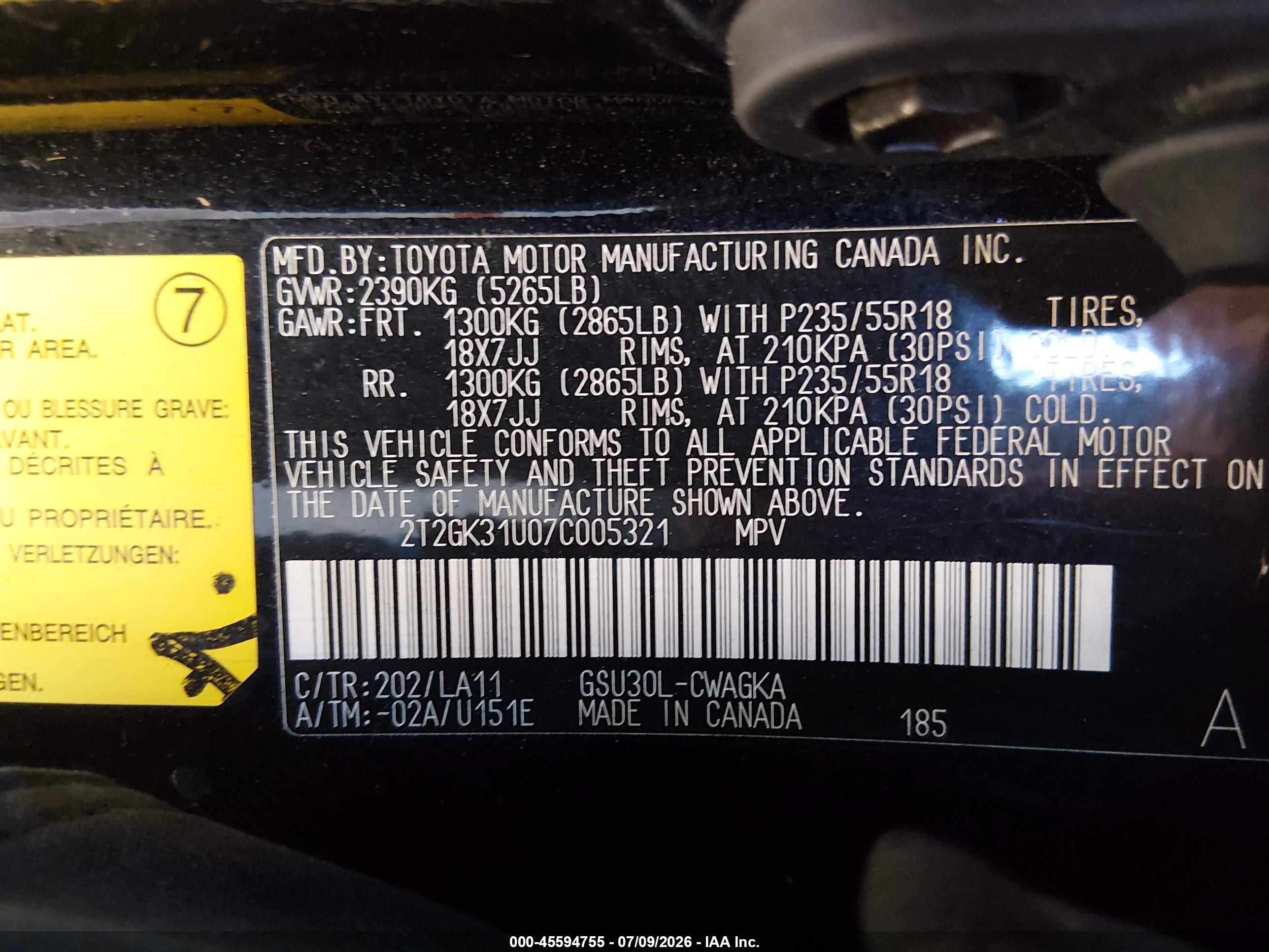 2007 Lexus Rx 350   Black vin: 2T2GK31U07C005321