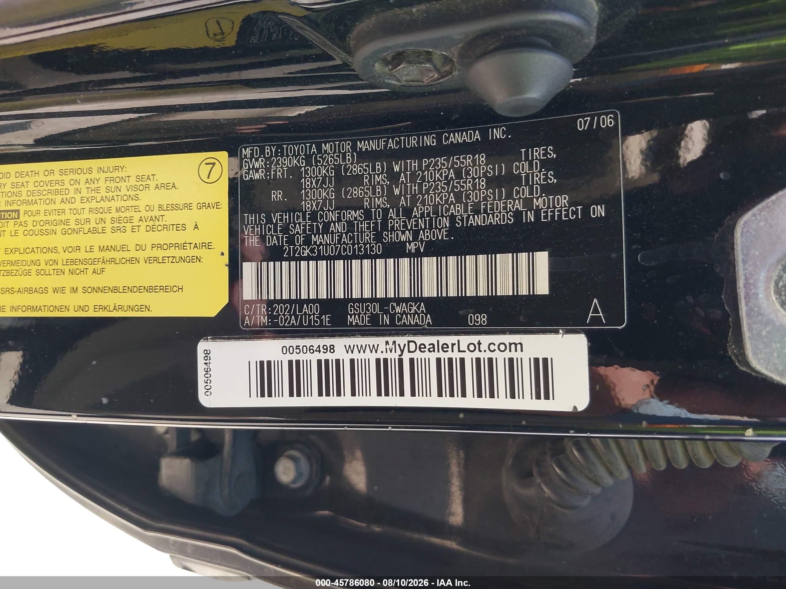 2007 Lexus Rx 350   Black vin: 2T2GK31U07C013130