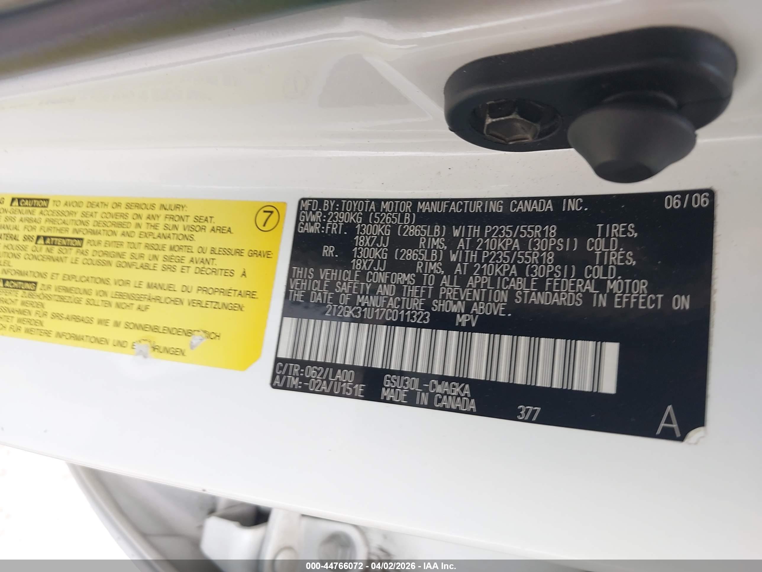 2007 Lexus Rx 350   White vin: 2T2GK31U17C011323