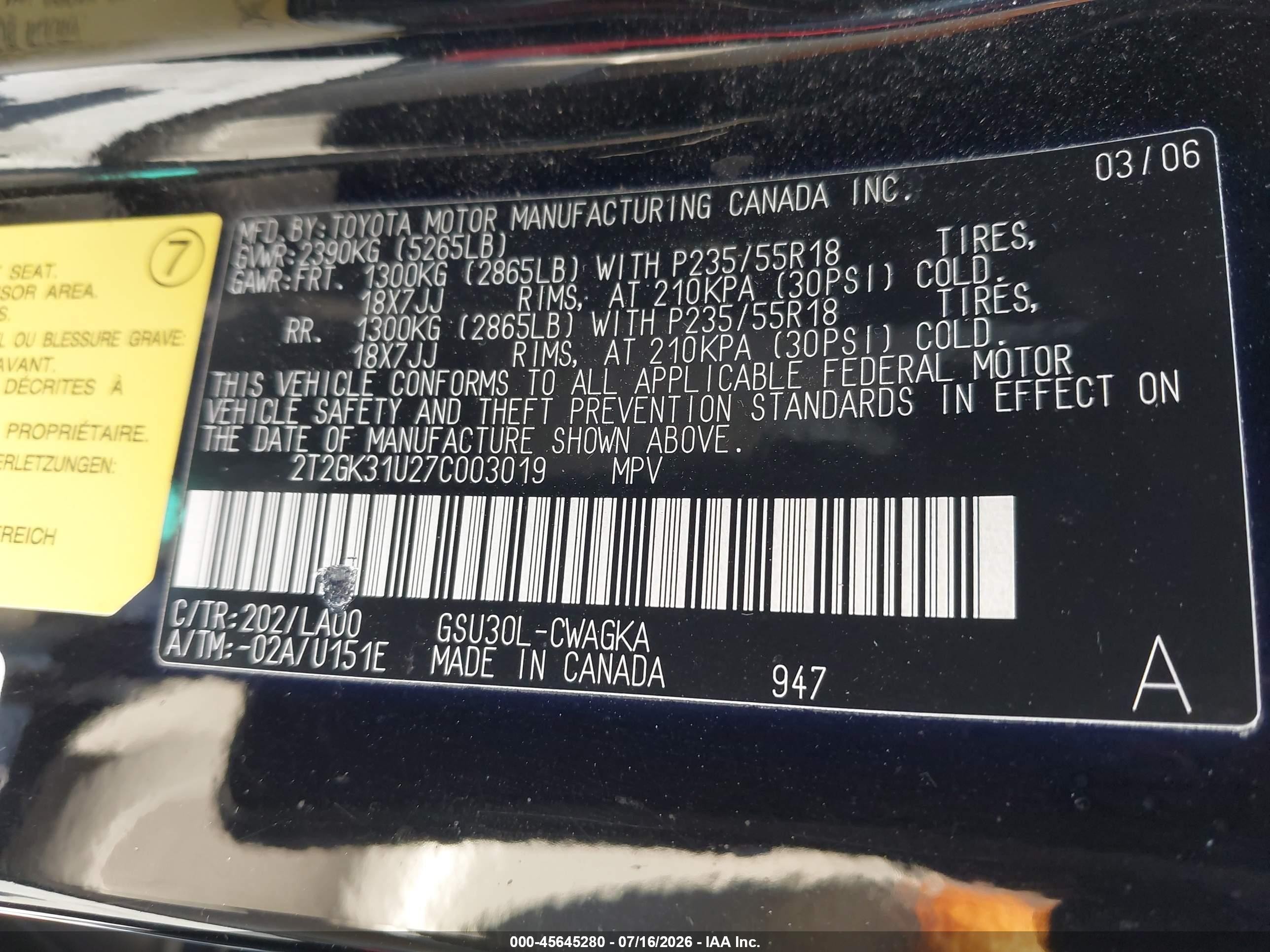 2007 Lexus Rx 350   Black vin: 2T2GK31U27C003019